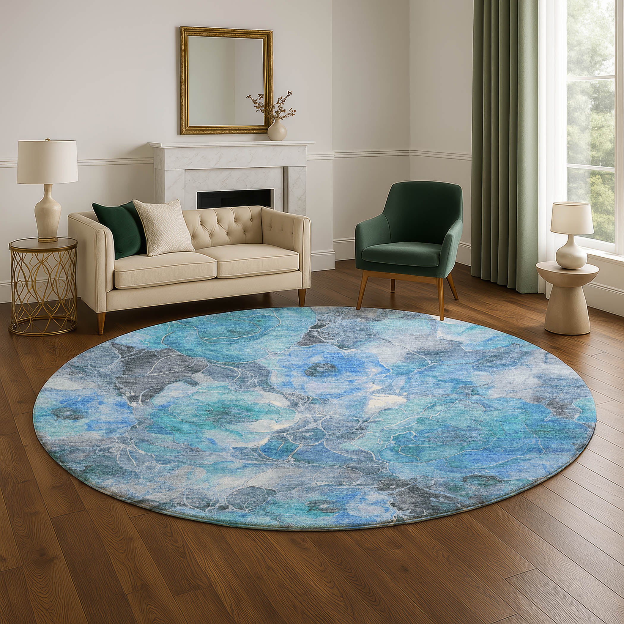 Sintra Machine Washable Transitional Blue Rug 8' x 8' #shape_Round
