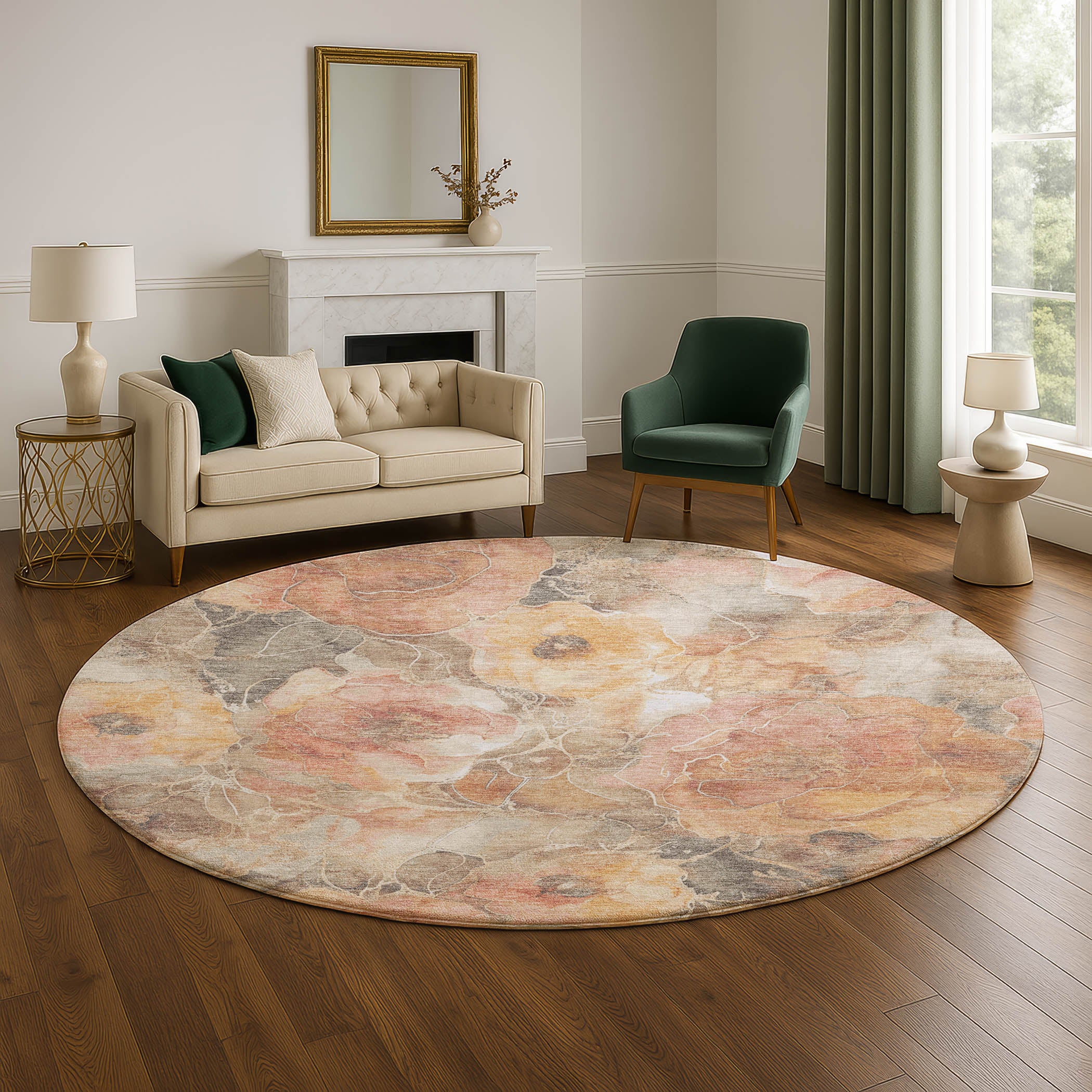 Sintra Machine Washable Transitional Peach Orange Rug 8' x 8' #shape_Round