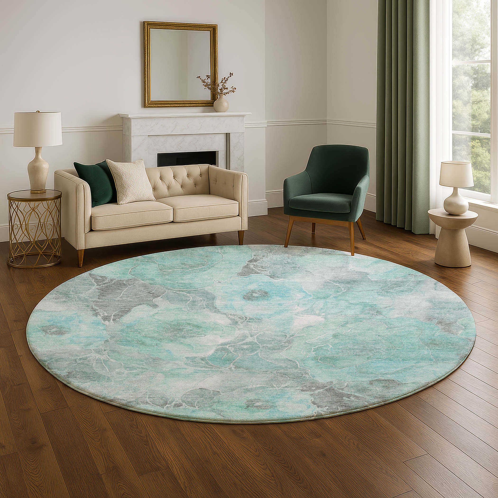 Sintra Machine Washable Transitional Teal Rug 8' x 8' #shape_Round