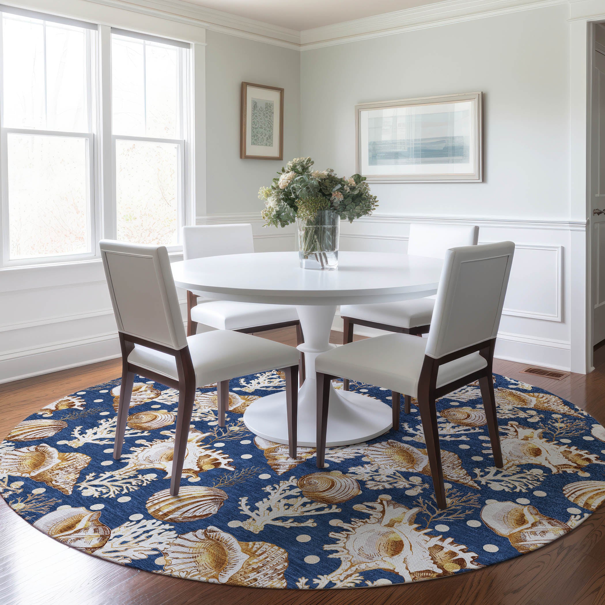 Bruges Machine Washable Coastal Blue Rug 8' x 8' #shape_Round