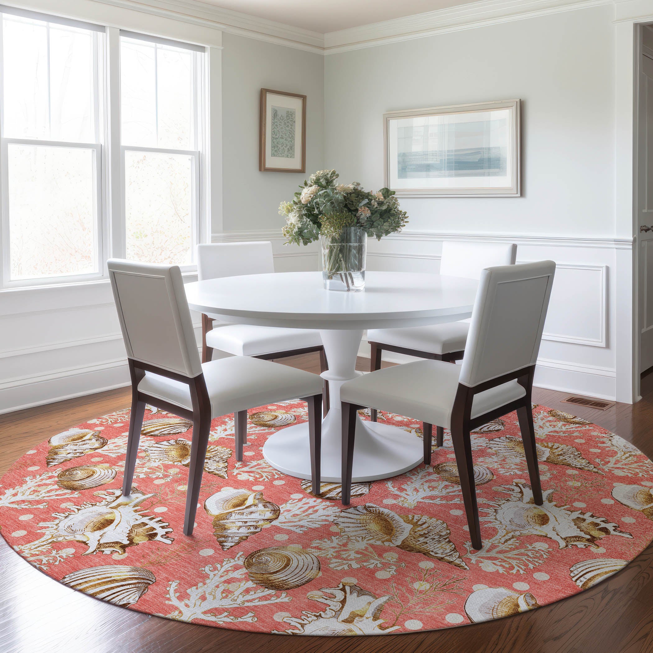 Bruges Machine Washable Coastal Peach Orange Rug 8' x 8' #shape_Round