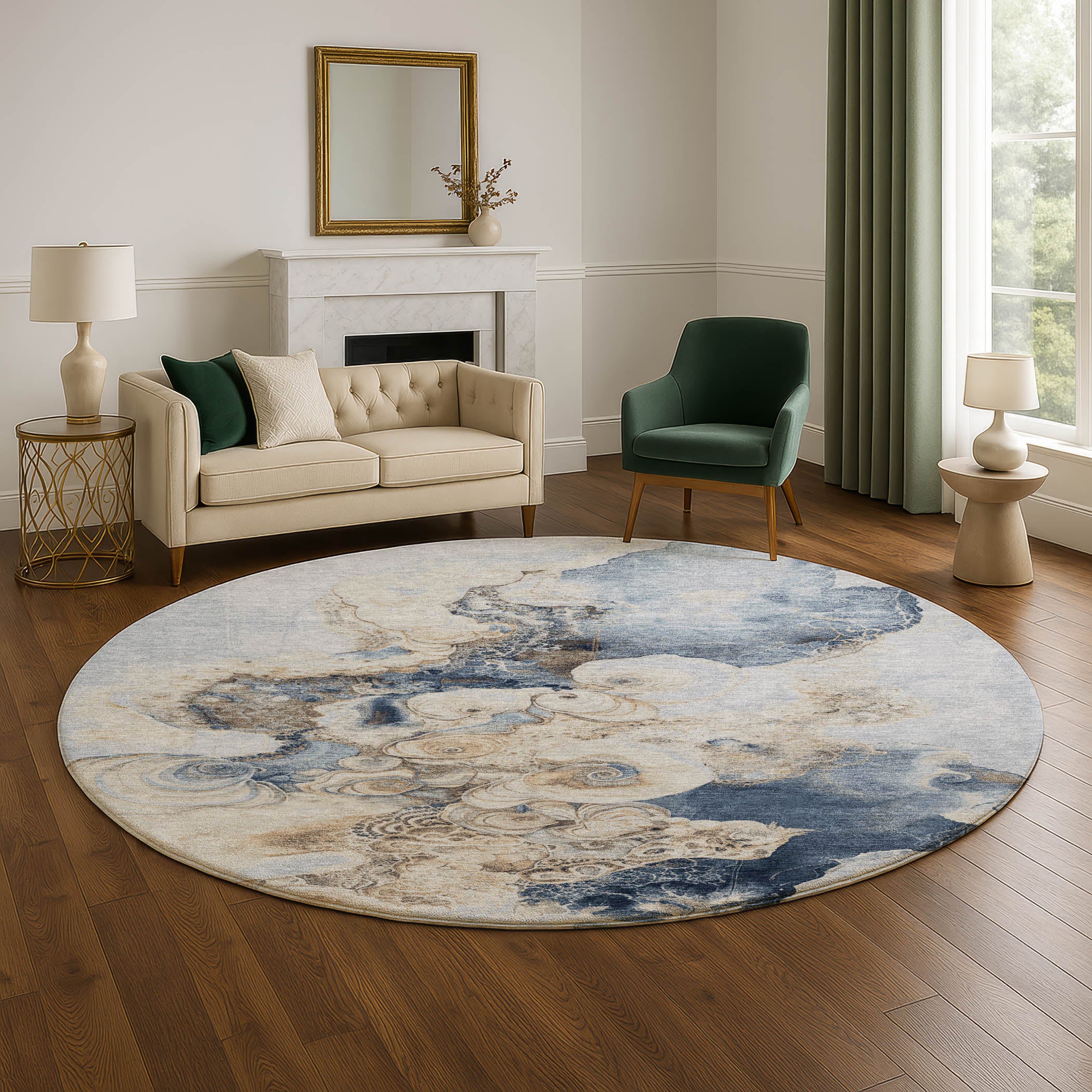Valletta Machine Washable Transitional Denim Blue Rug 8' x 8' #shape_Round