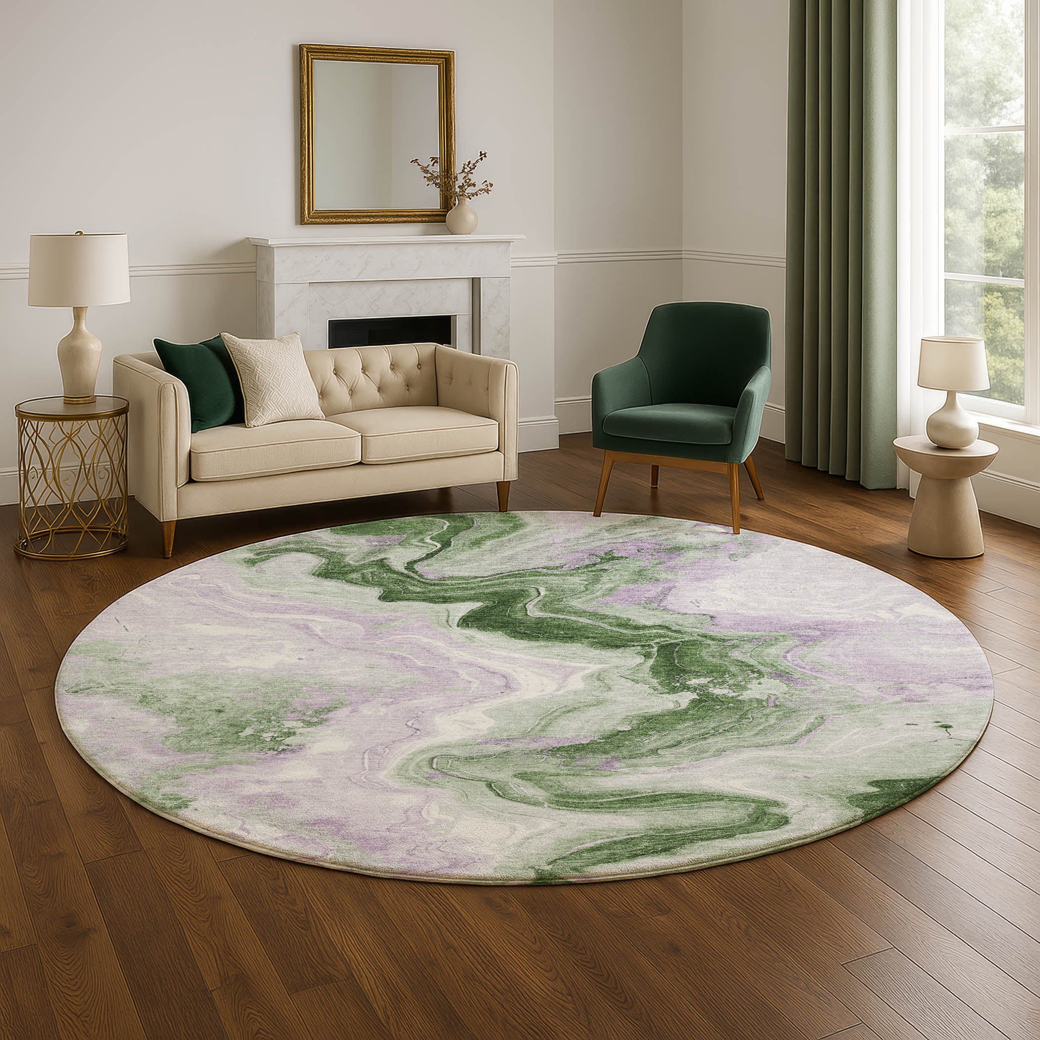 Athens Machine Washable Transitional Olive Green Rug 8' x 8' #shape_Round