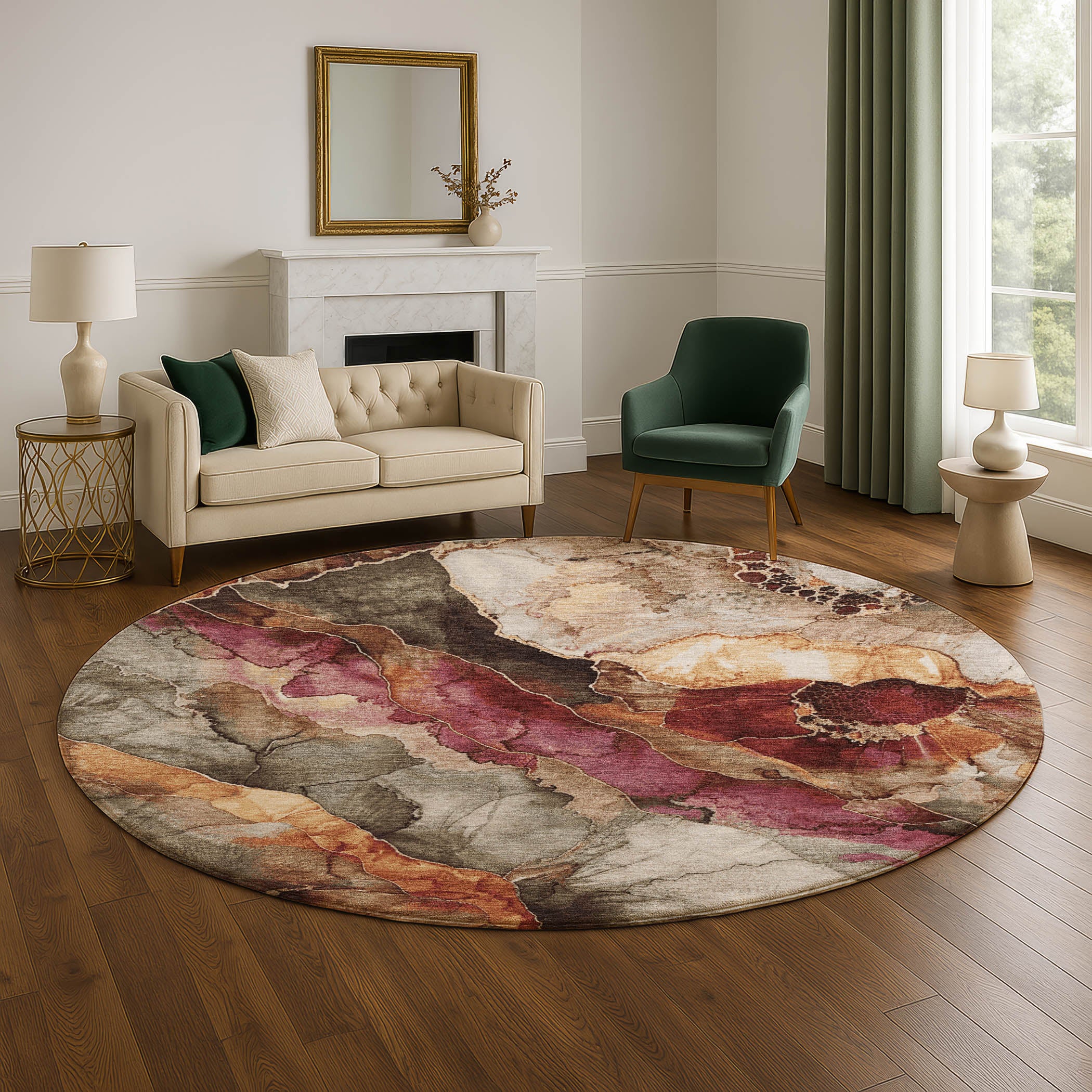 Baku Machine Washable Transitional Khaki Brown Rug 8' x 8' #shape_Round