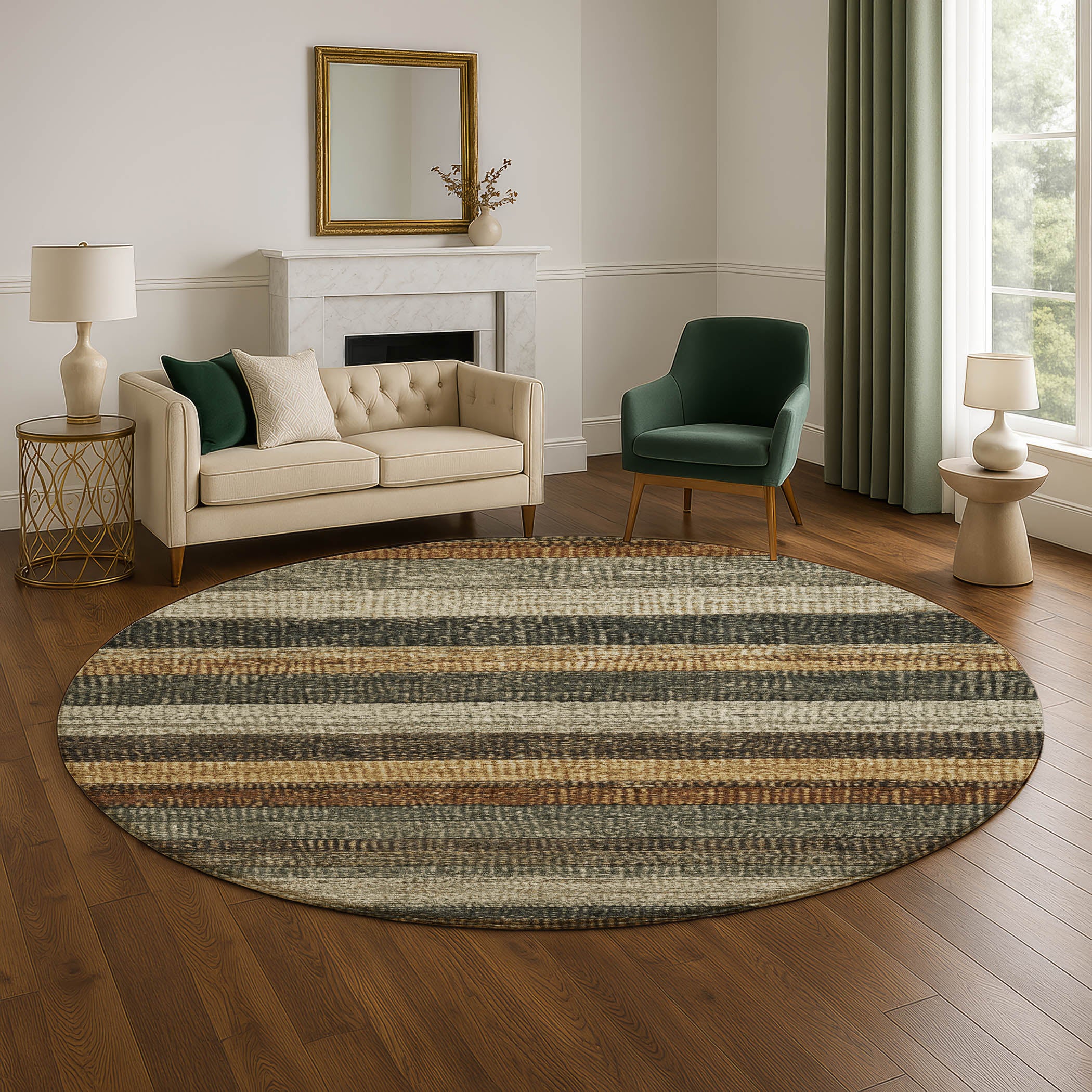 Santorini Machine Washable Transitional Khaki Brown Rug 8' x 8' #shape_Round