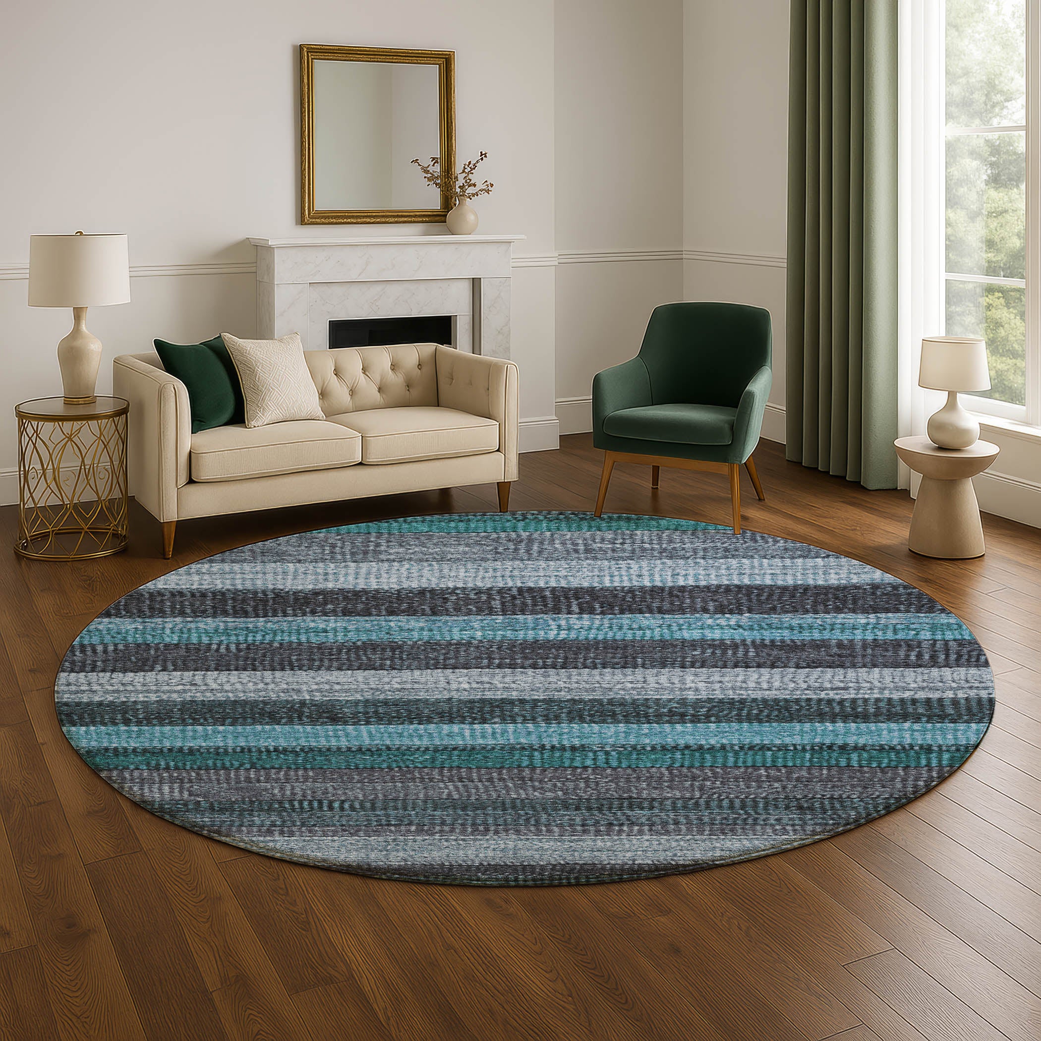 Santorini Machine Washable Transitional Teal Rug 8' x 8' #shape_Round