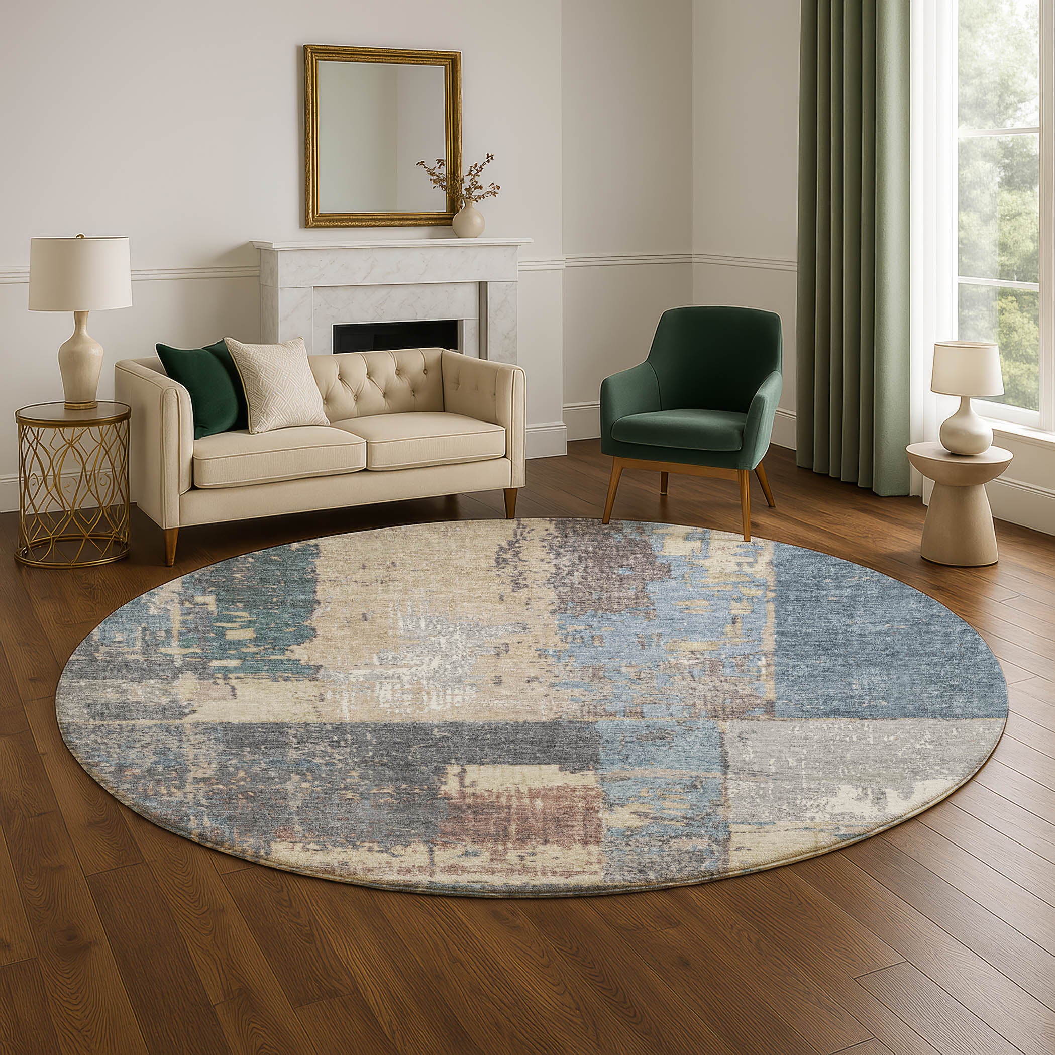 Reykjavik Machine Washable Transitional Beige Brown Rug 8' x 8' #shape_Round