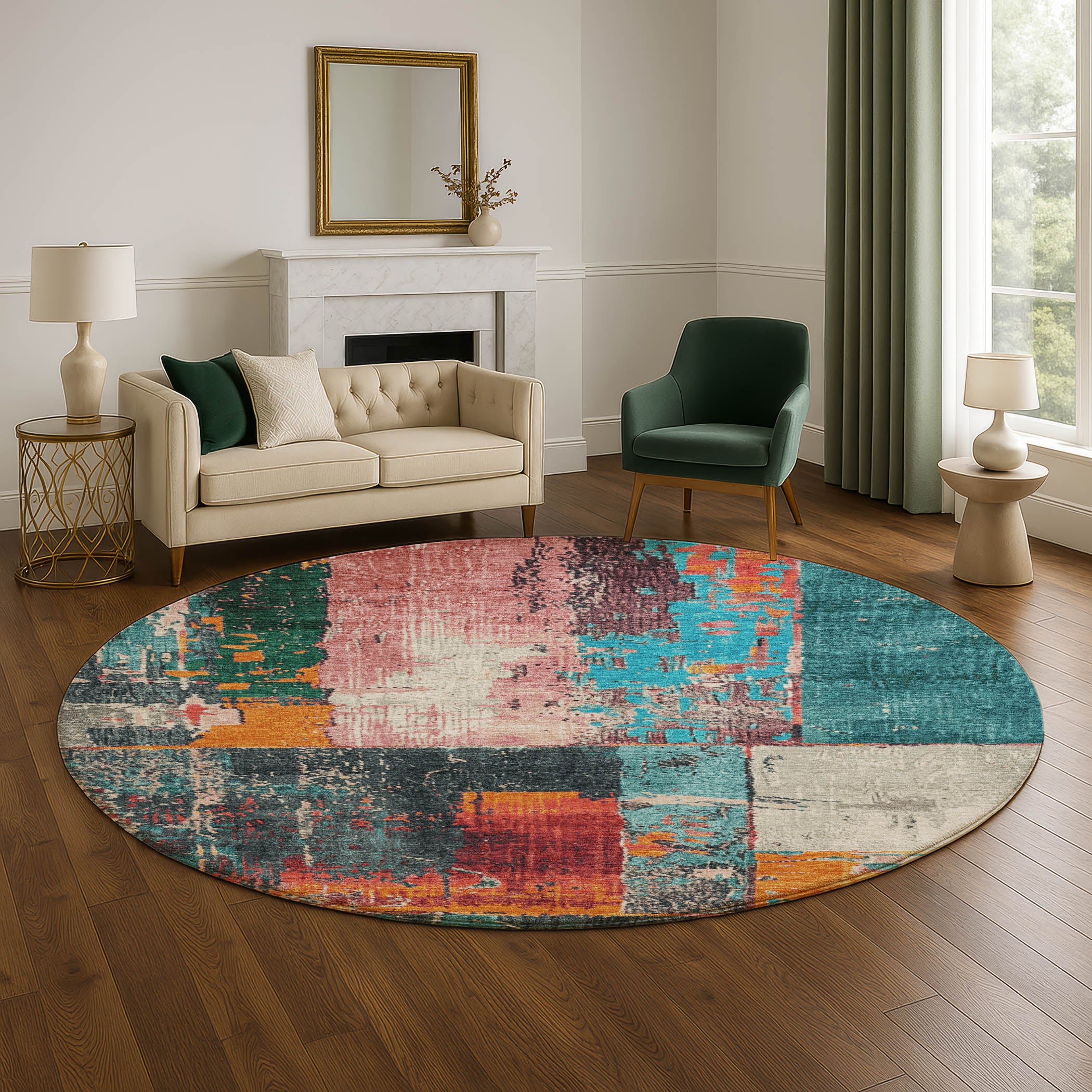 Reykjavik Machine Washable Transitional Teal Rug 8' x 8' #shape_Round