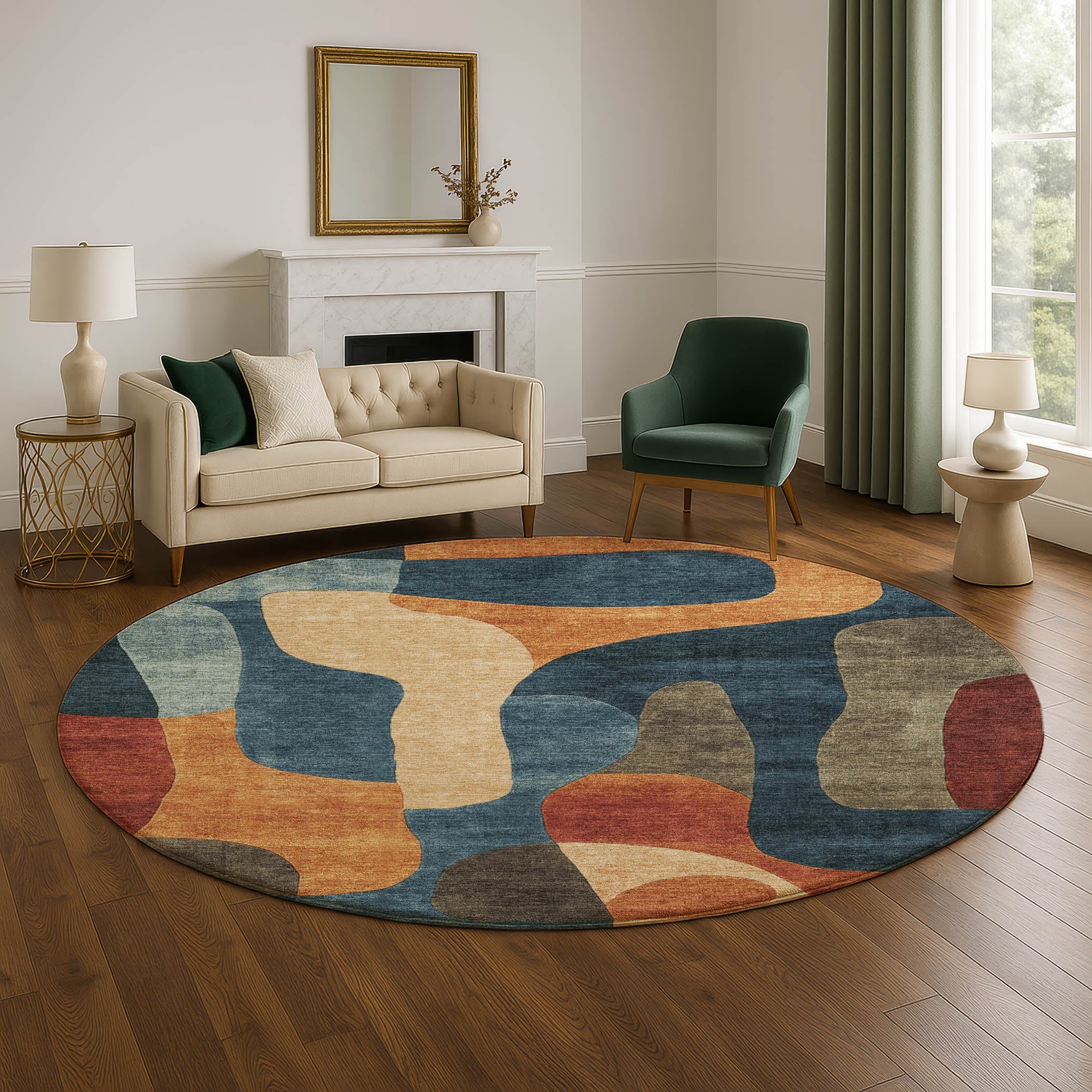 Bangkok Machine Washable Transitional Navy Blue Rug 8' x 8' #shape_Round
