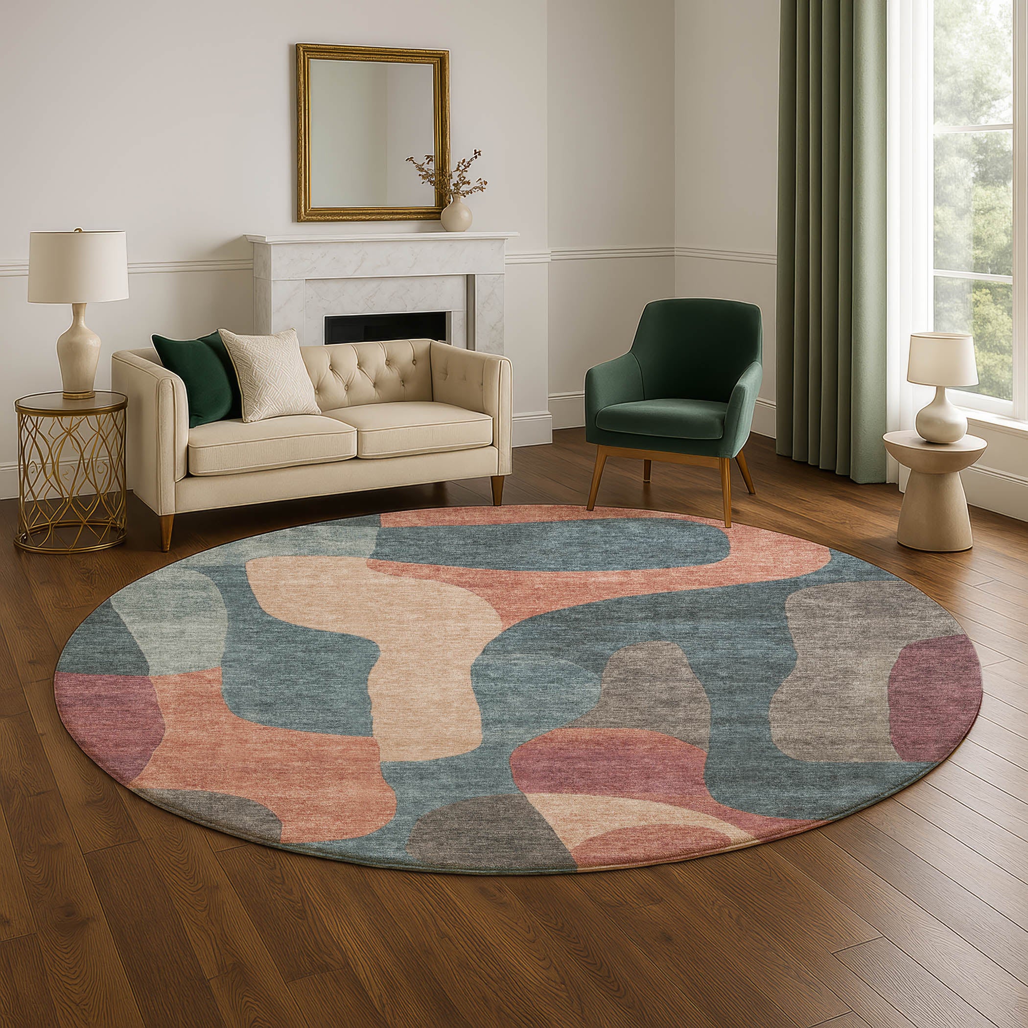 Bangkok Machine Washable Transitional Sage Green Rug 8' x 8' #shape_Round