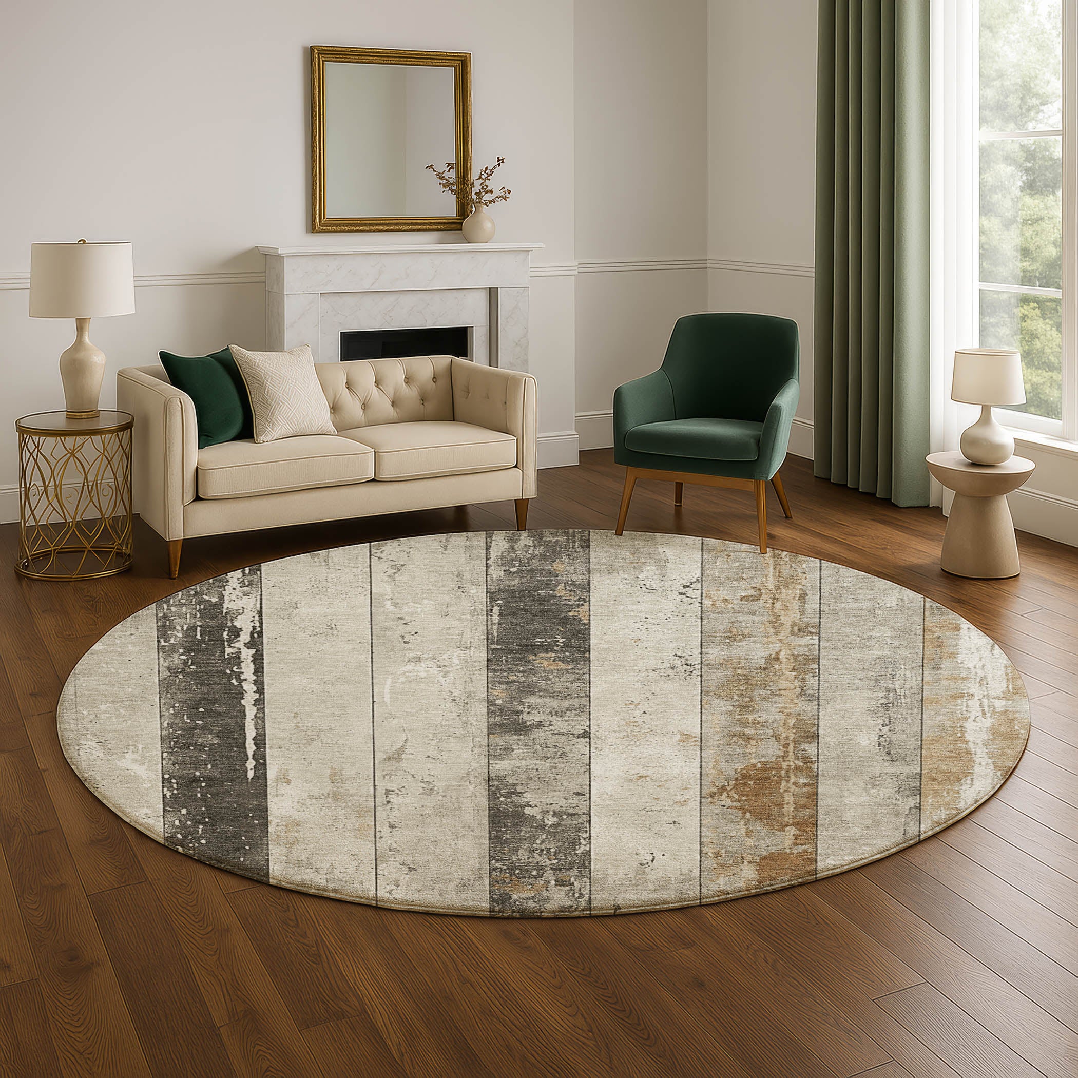Chiang Mai Machine Washable Transitional Beige Brown Rug 8' x 8' #shape_Round