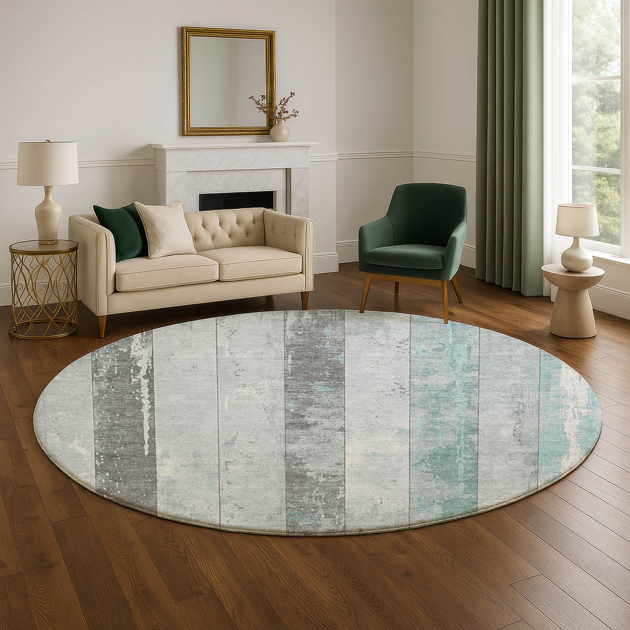 Chiang Mai Machine Washable Transitional Seafoam Blue Rug 8' x 8' #shape_Round