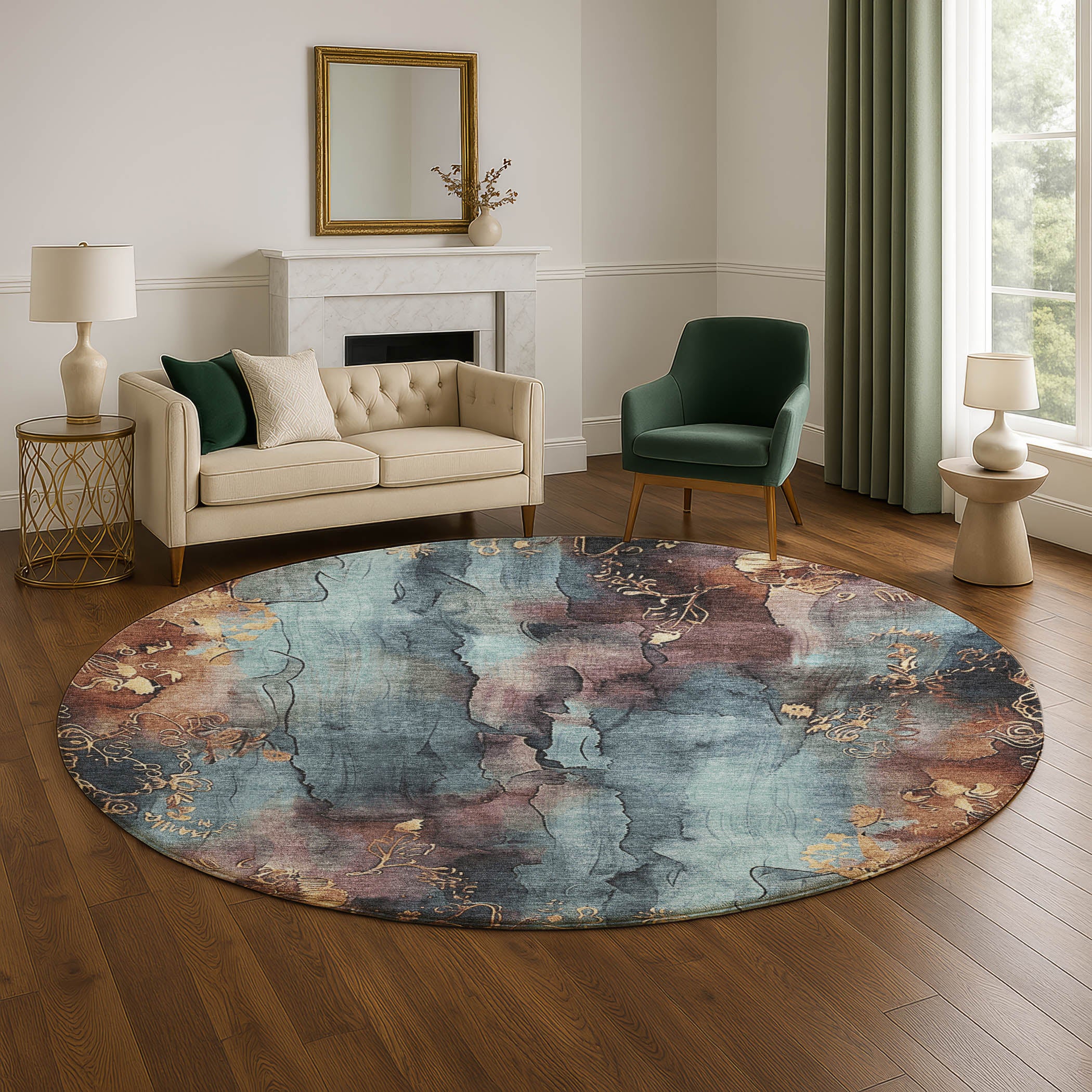 Lisbon Machine Washable Transitional Blue Rug 8' x 8' #shape_Round