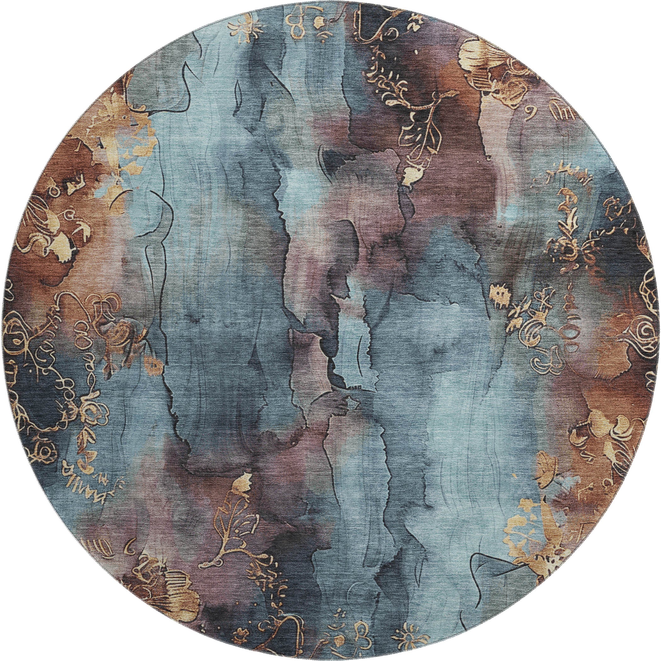 Lisbon Machine Washable Transitional Blue Rug 8' x 8' #shape_Round