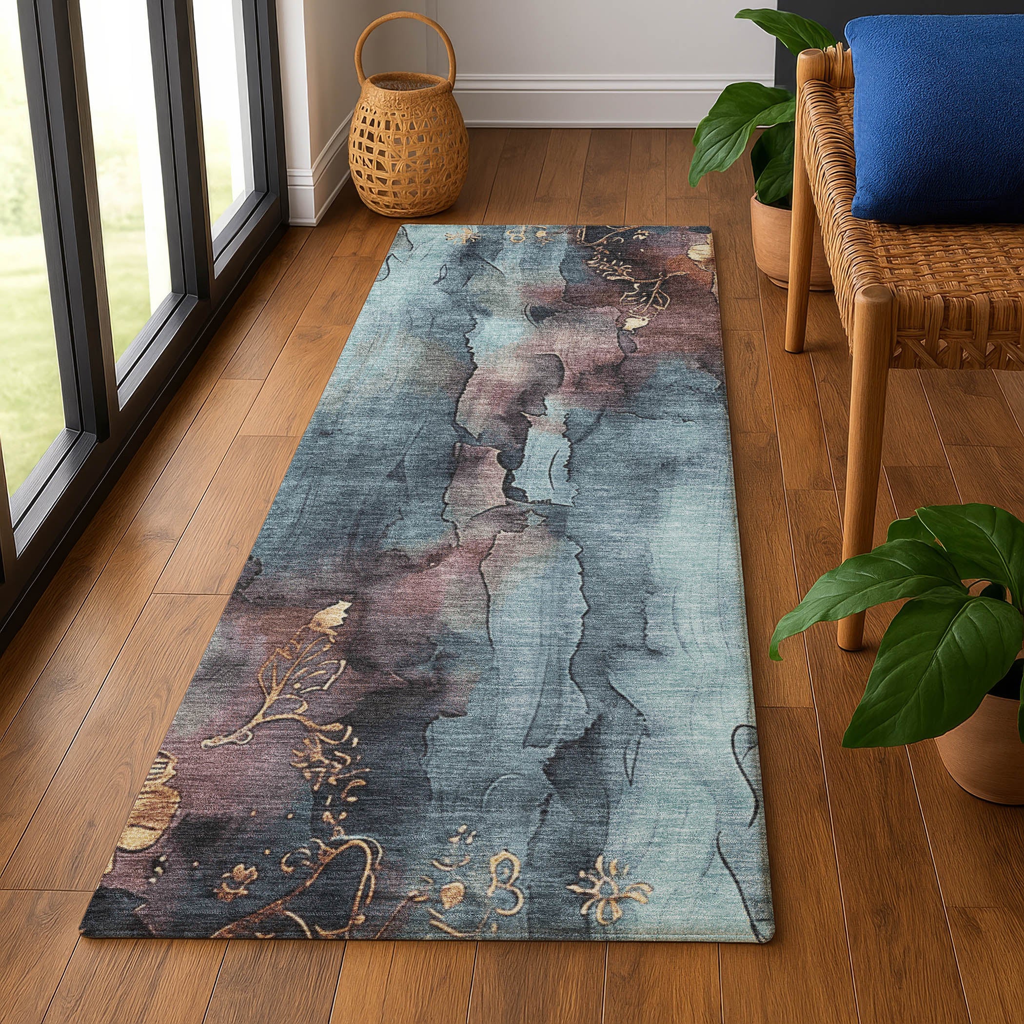 Lisbon Machine Washable Transitional Blue Rug 2'3" x 7'6" #shape_Runner