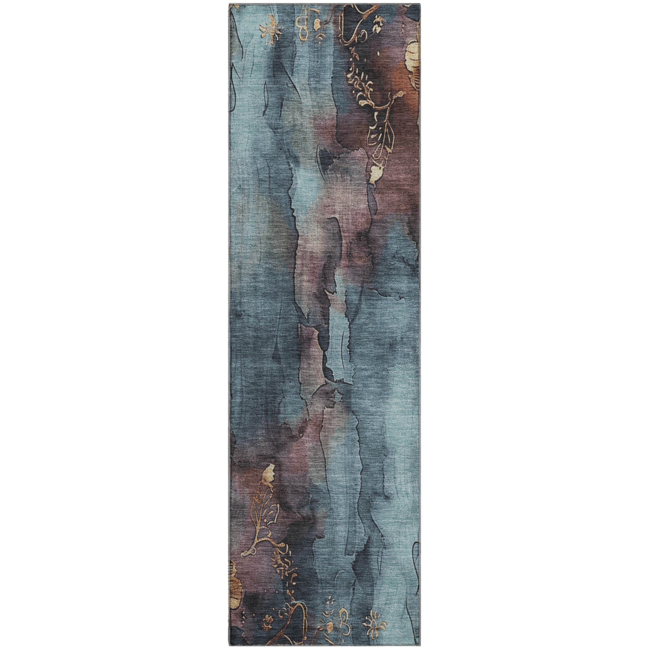 Lisbon Machine Washable Transitional Blue Rug 2'3" x 7'6" #shape_Runner