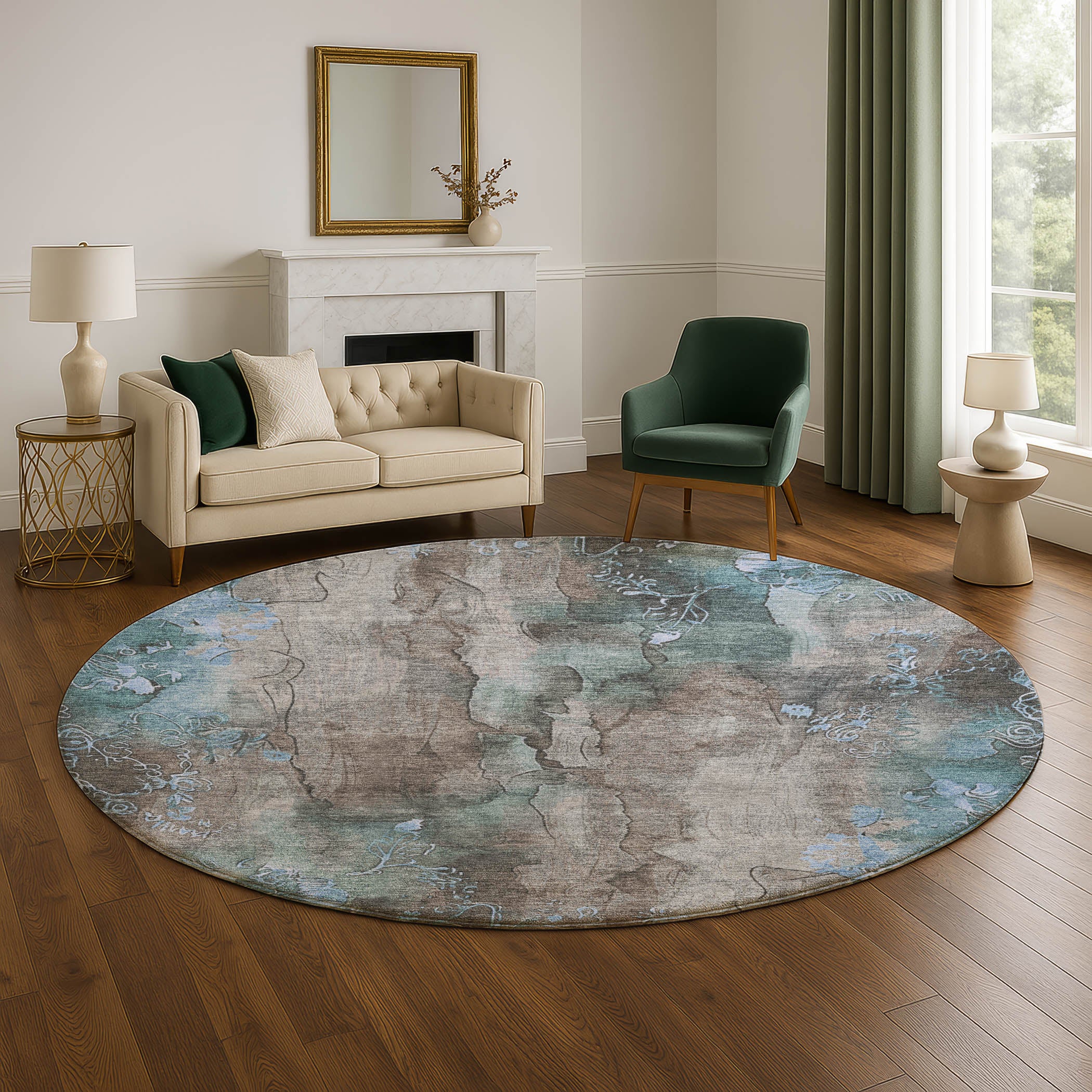 Lisbon Machine Washable Transitional Taupe Brown Rug 8' x 8' #shape_Round
