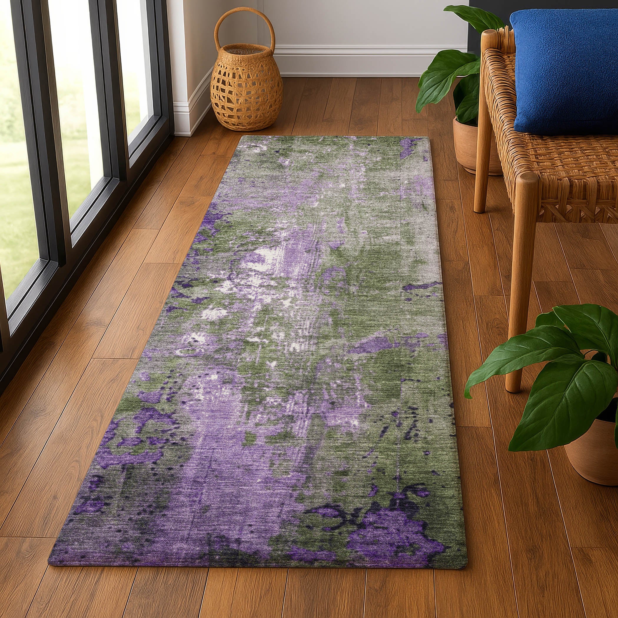 Mostar Machine Washable Transitional Olive Green Rug 2'3" x 7'6" #shape_Runner