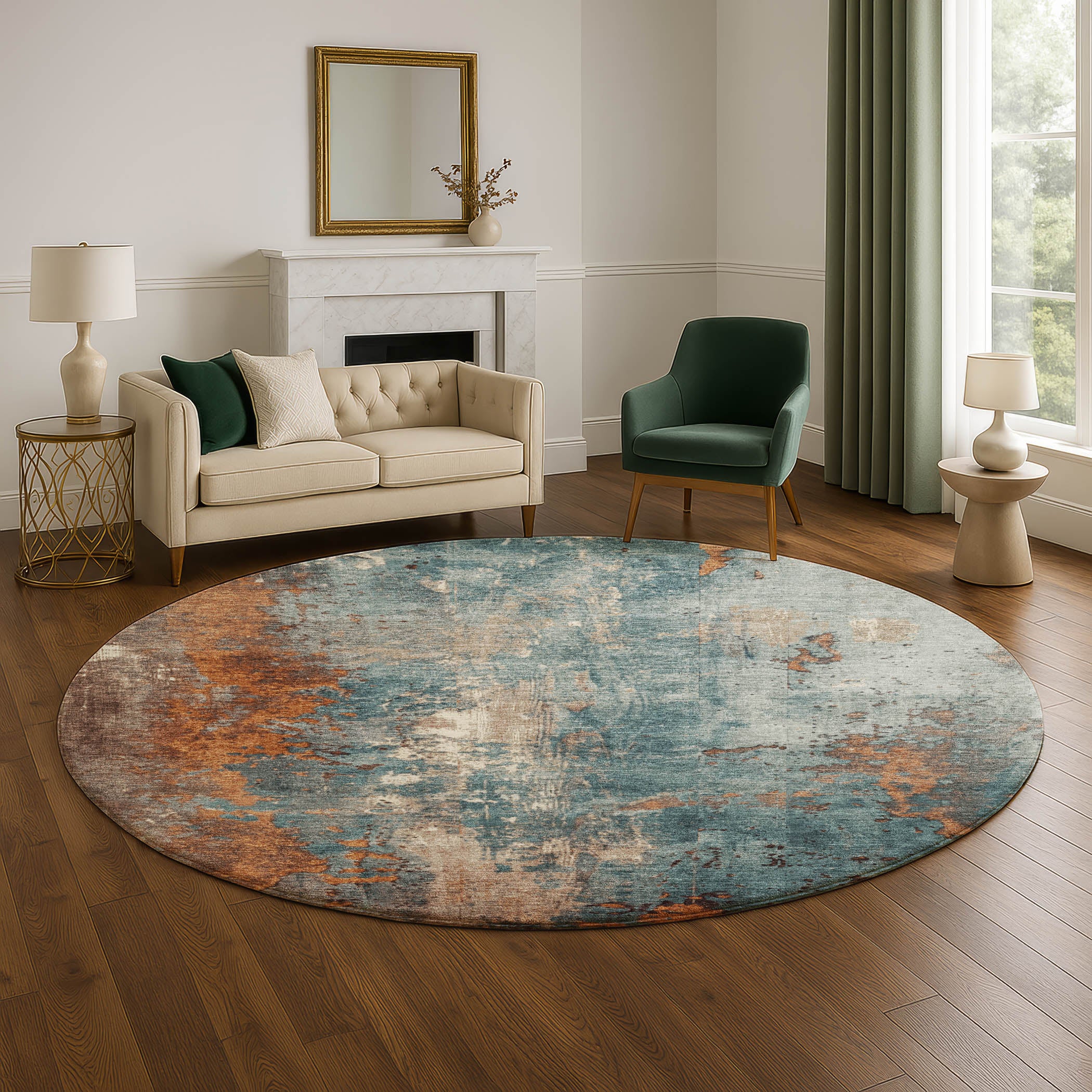 Mostar Machine Washable Transitional Teal Rug 8' x 8' #shape_Round