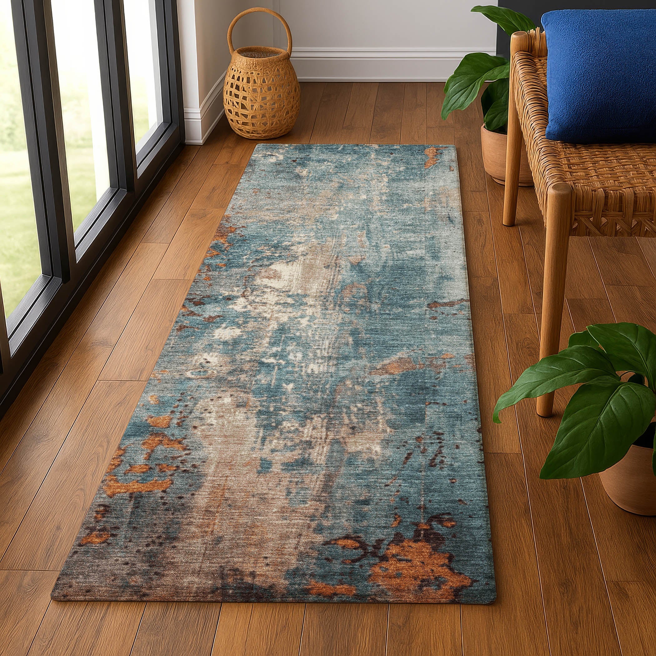 Mostar Machine Washable Transitional Teal Rug 2'3" x 7'6" #shape_Runner