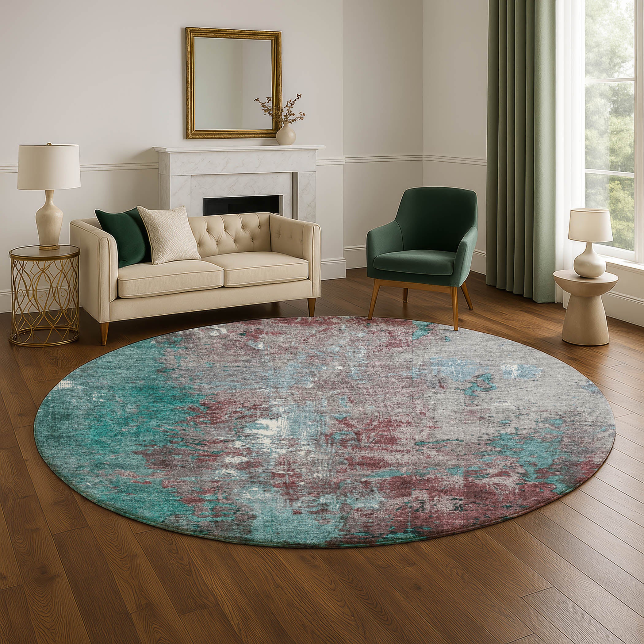 Mostar Machine Washable Transitional Turquoise Teal Rug 8' x 8' #shape_Round