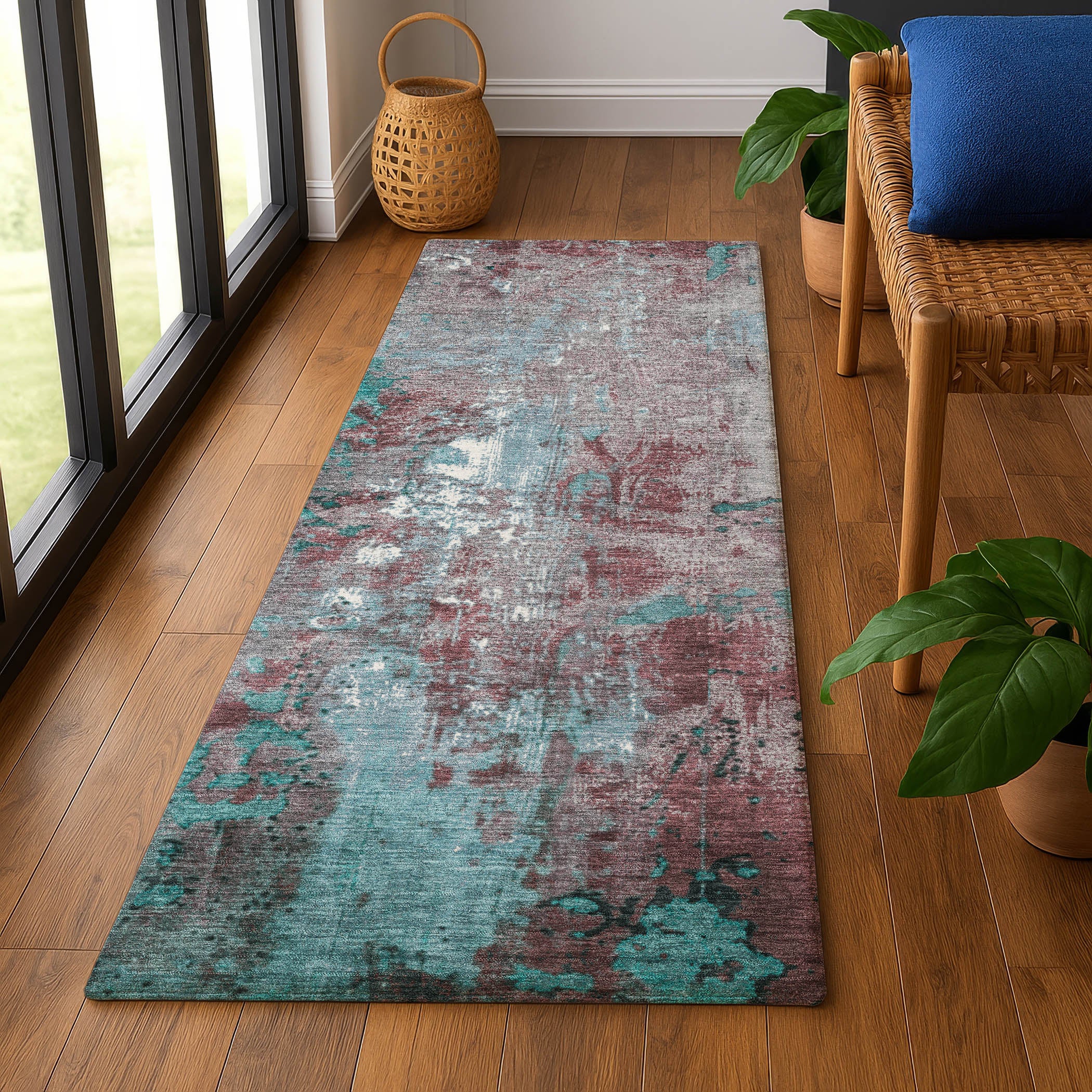 Mostar Machine Washable Transitional Turquoise Teal Rug 2'3" x 7'6" #shape_Runner