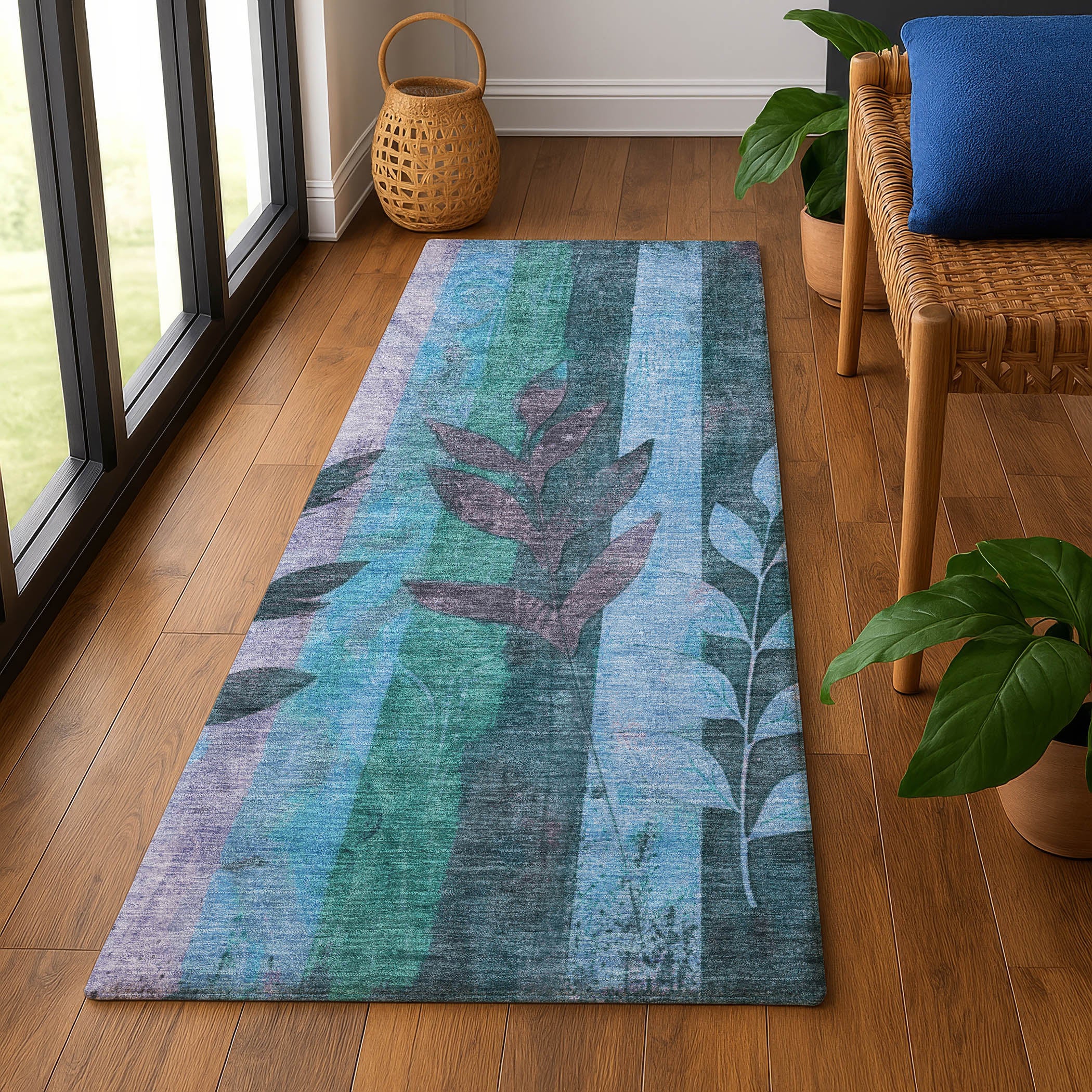 Split Machine Washable Transitional Denim Blue Rug 2'3" x 7'6" #shape_Runner