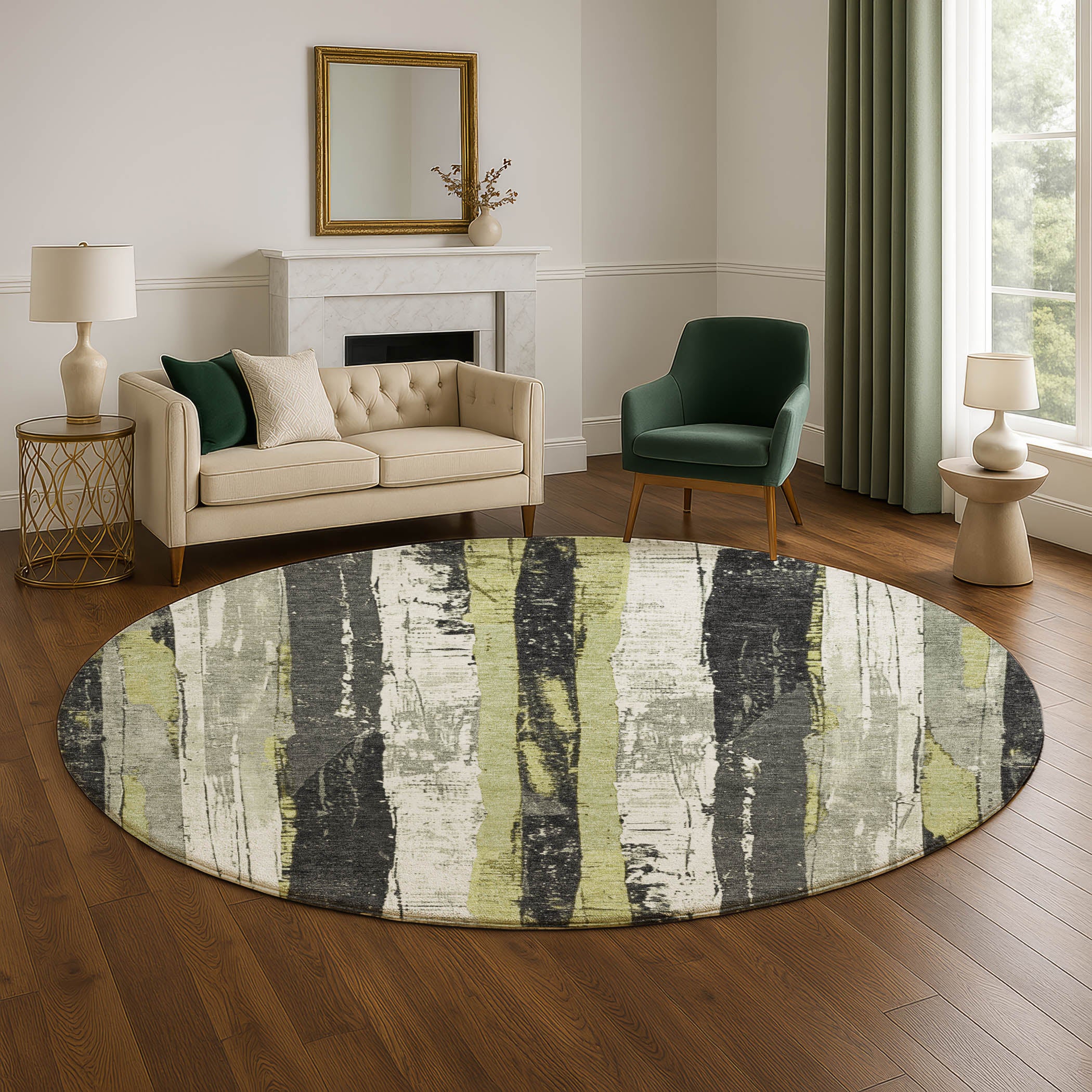 Florence Machine Washable Transitional Aloe Green Rug 8' x 8' #shape_Round