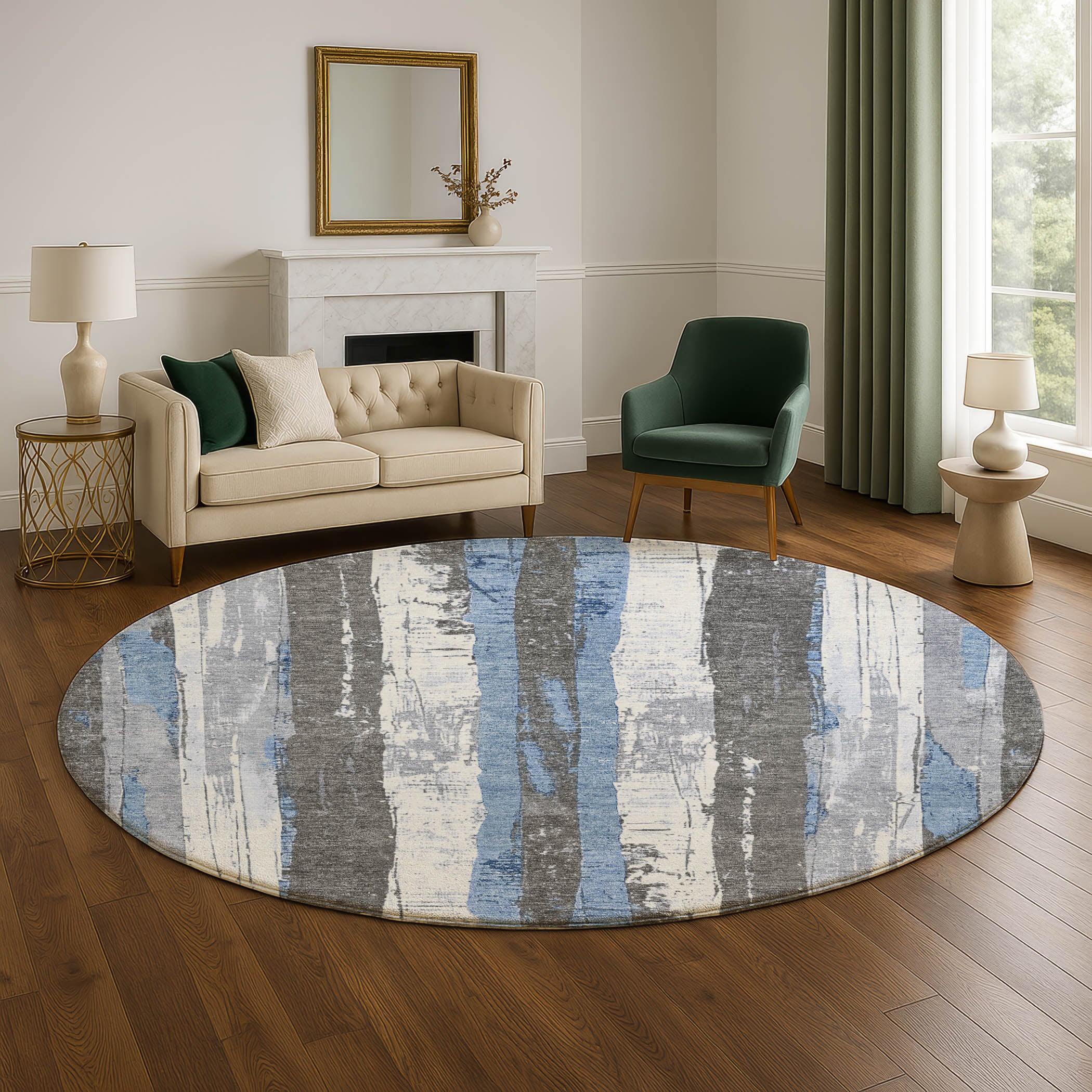 Florence Machine Washable Transitional Denim Blue Rug 8' x 8' #shape_Round