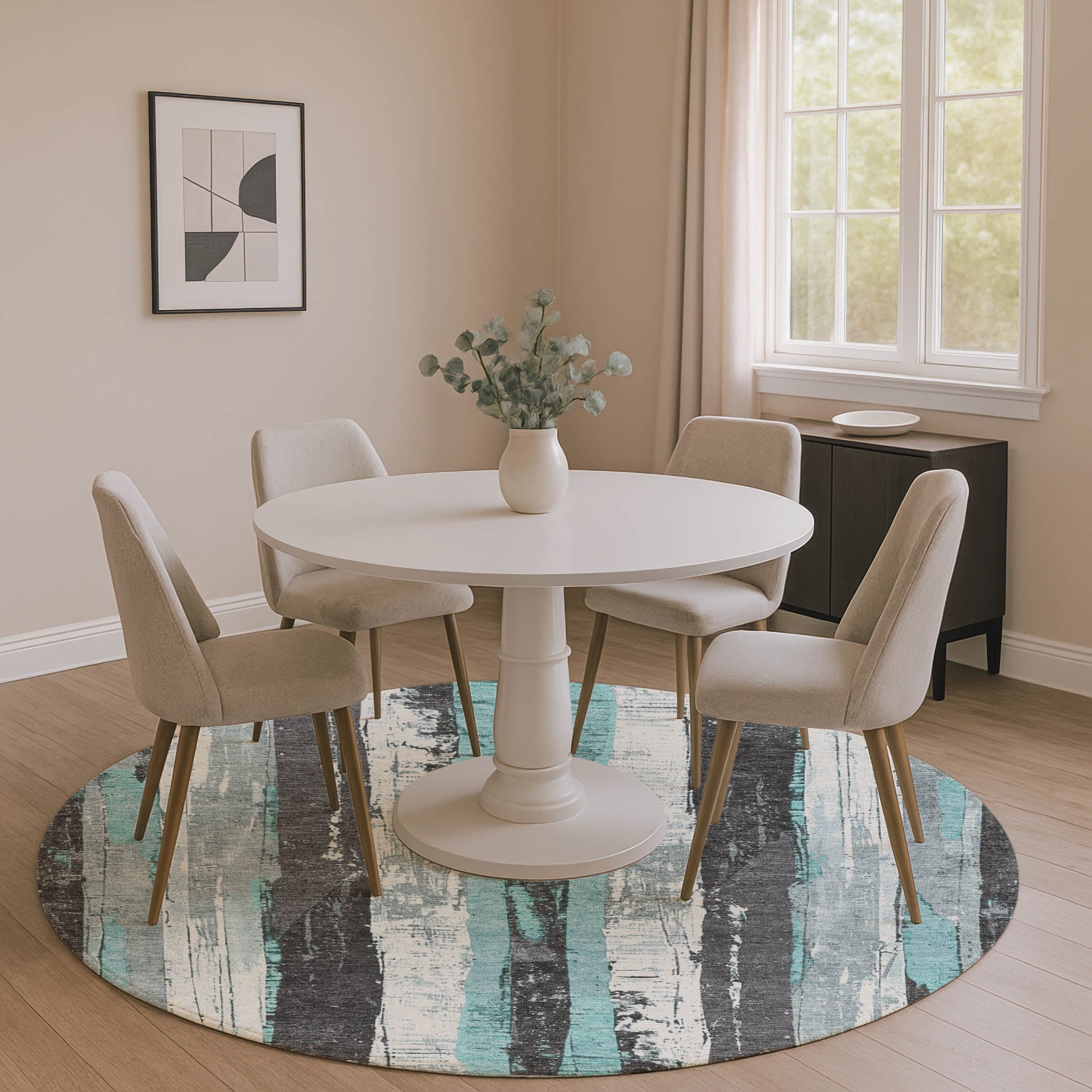 Florence Machine Washable Transitional Teal Rug 8' x 8' #shape_Round