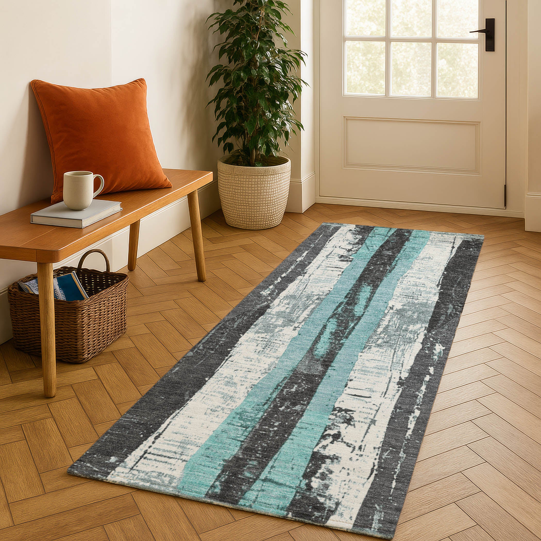 Florence Machine Washable Transitional Teal Rug 2'3" x 7'6" #shape_Runner