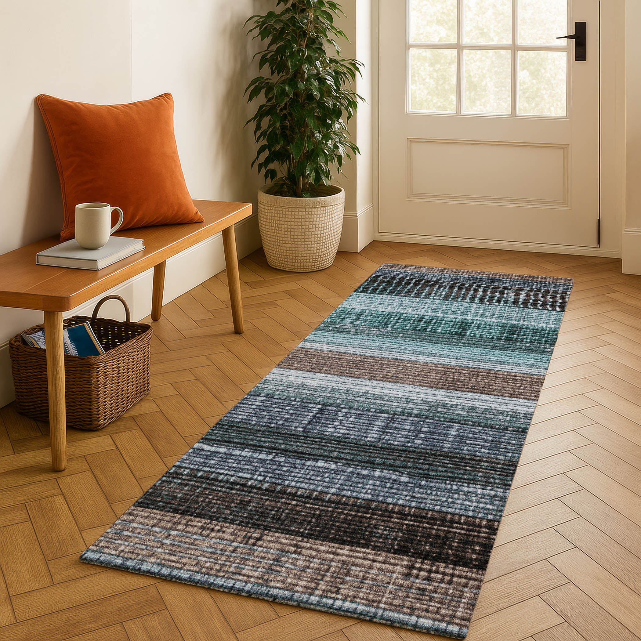 Montevideo Machine Washable Transitional Teal Rug 2'3" x 7'6" #shape_Runner