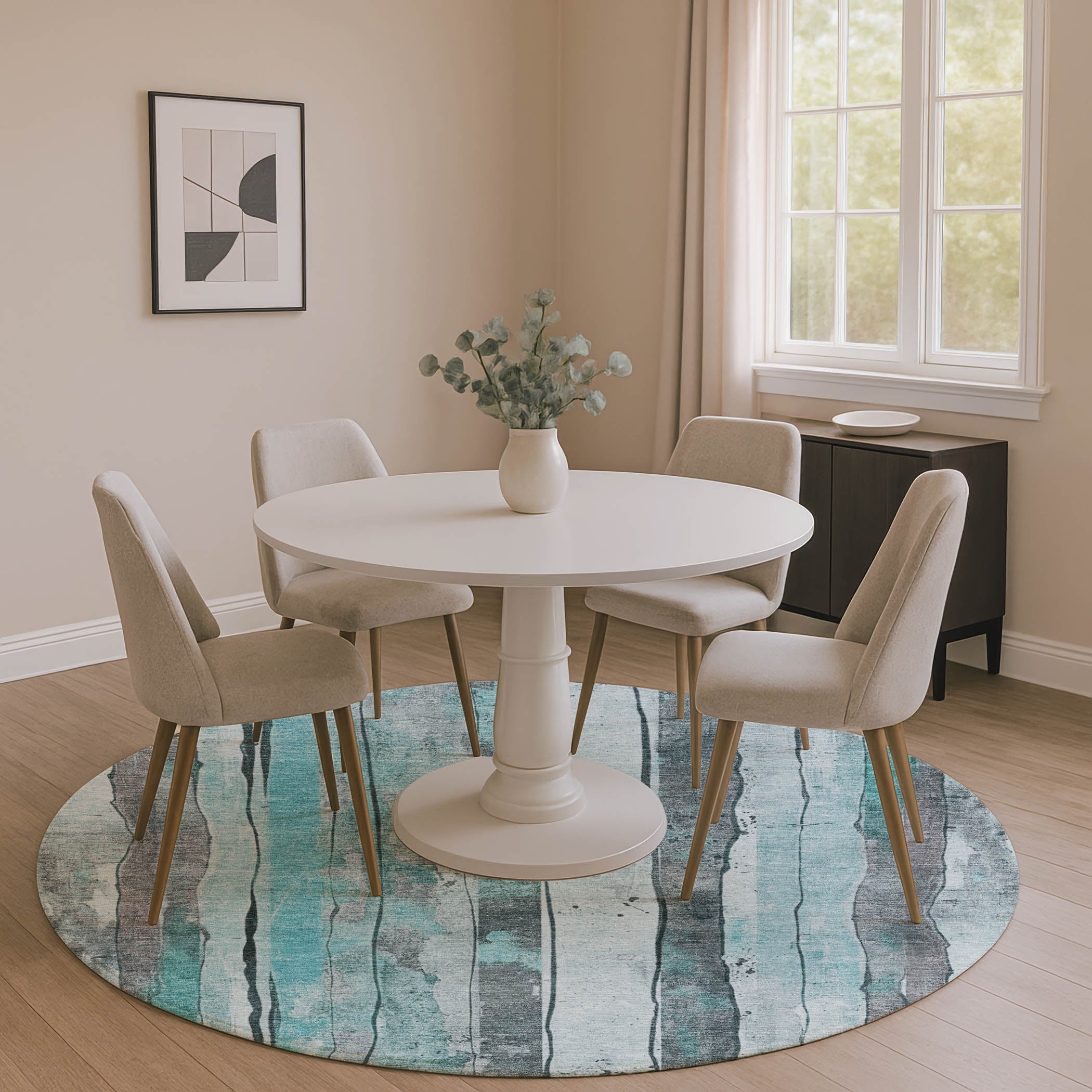 Dublin Machine Washable Transitional Teal Rug 8' x 8' #shape_Round
