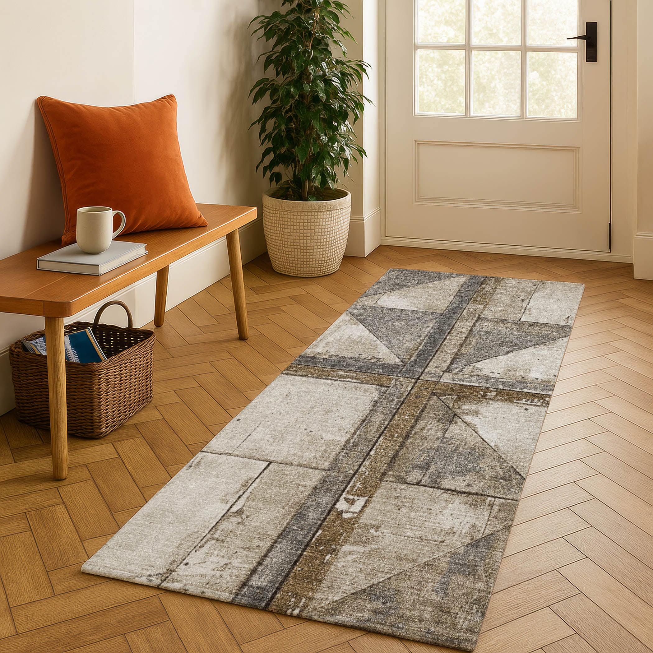 Rome Machine Washable Transitional Beige Brown Rug 2'3" x 7'6" #shape_Runner