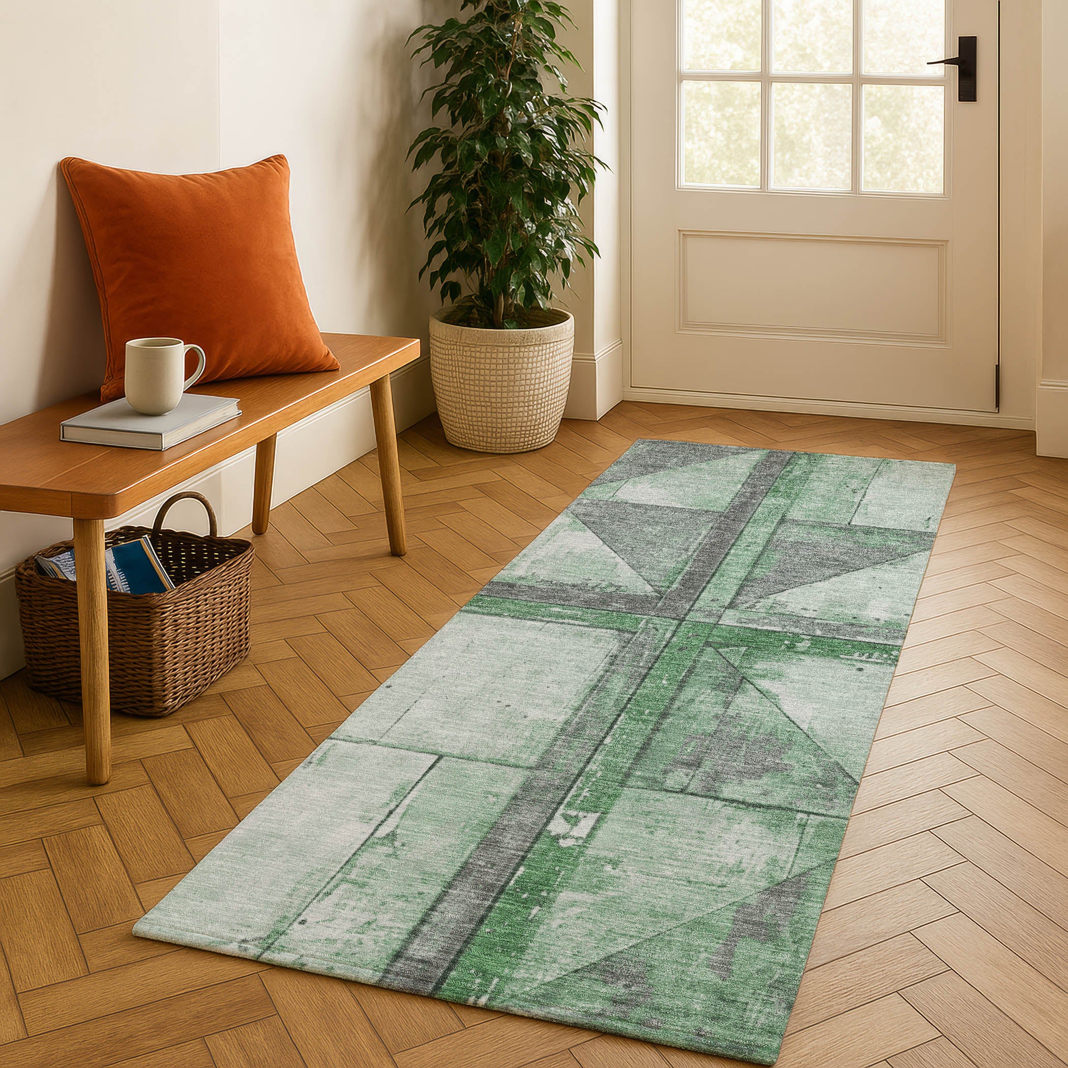 Rome Machine Washable Transitional Green Rug 2'3" x 7'6" #shape_Runner