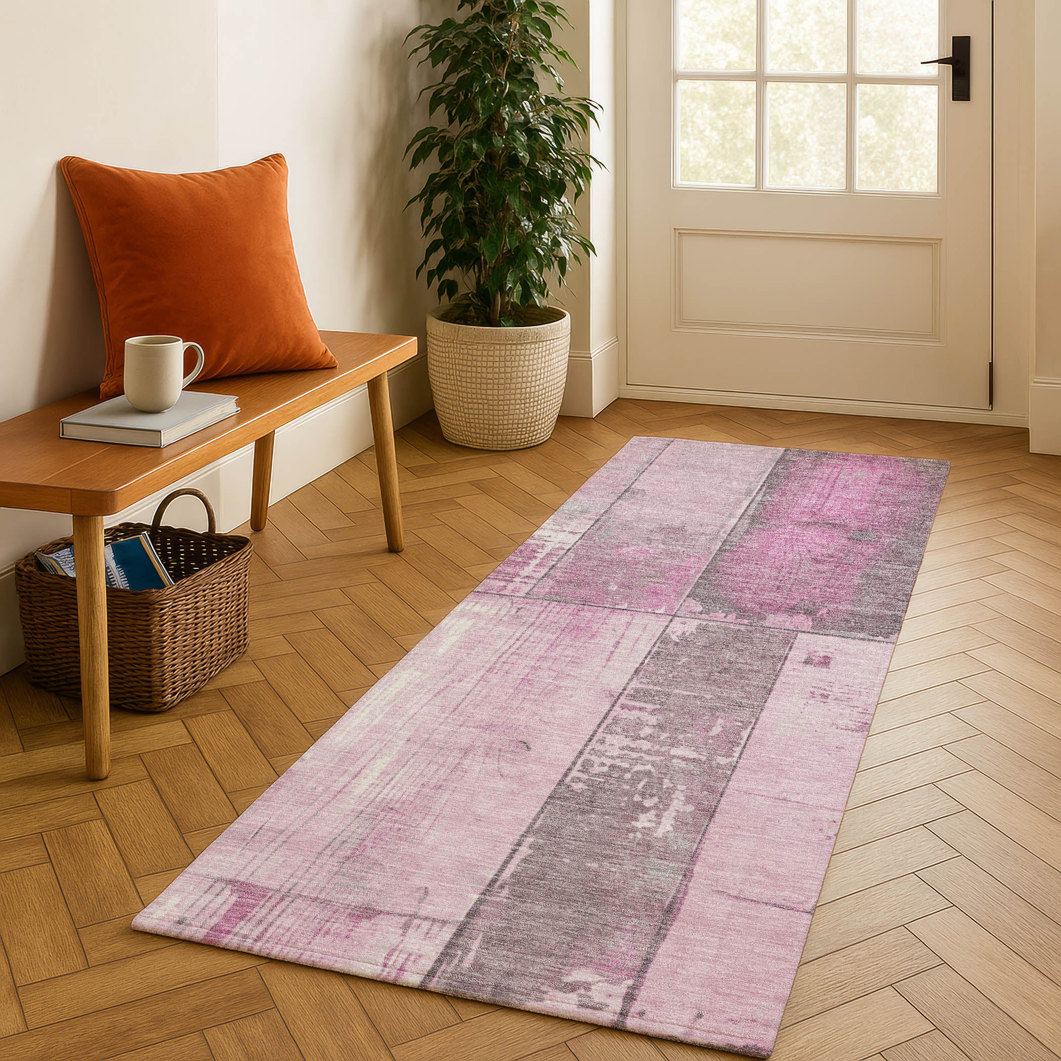 Santorini Machine Washable Transitional Pink Rug 2'3" x 7'6" #shape_Runner