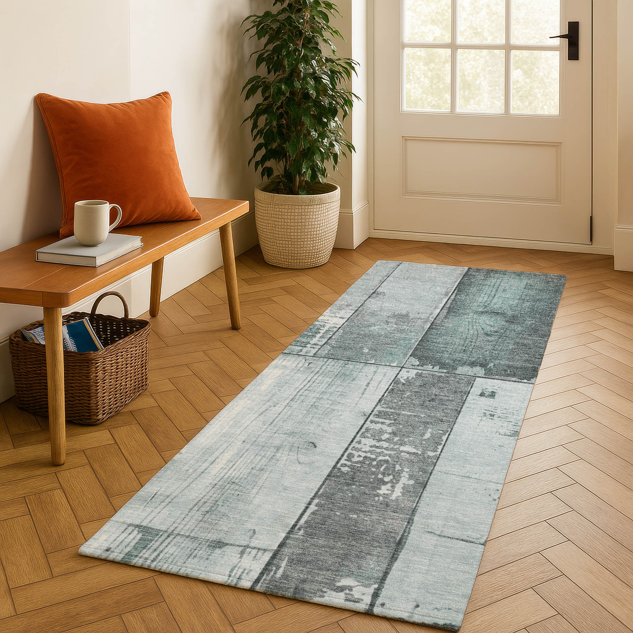 Santorini Machine Washable Transitional Seafoam Blue Rug 2'3" x 7'6" #shape_Runner