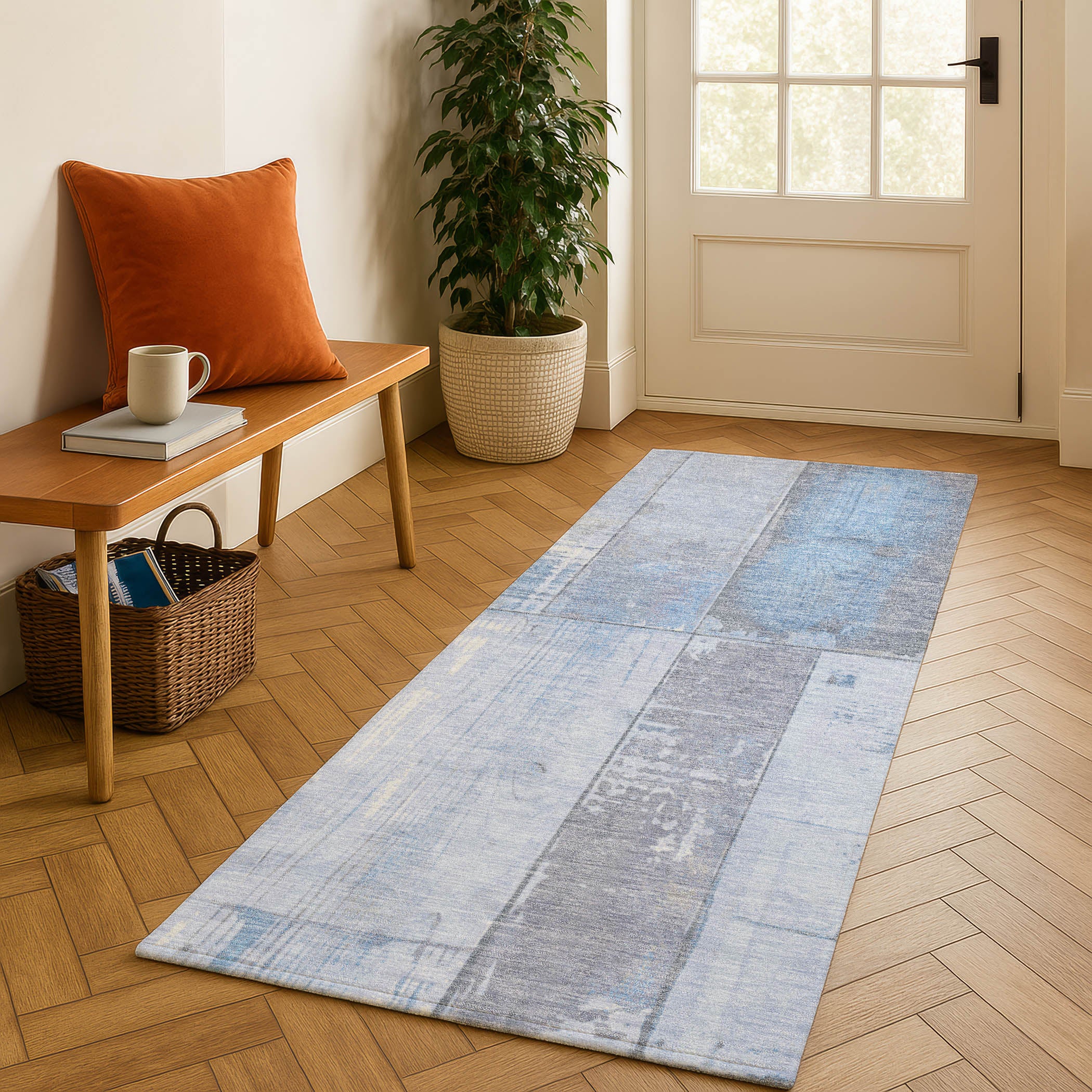 Santorini Machine Washable Transitional Sky Blue Rug 2'3" x 7'6" #shape_Runner