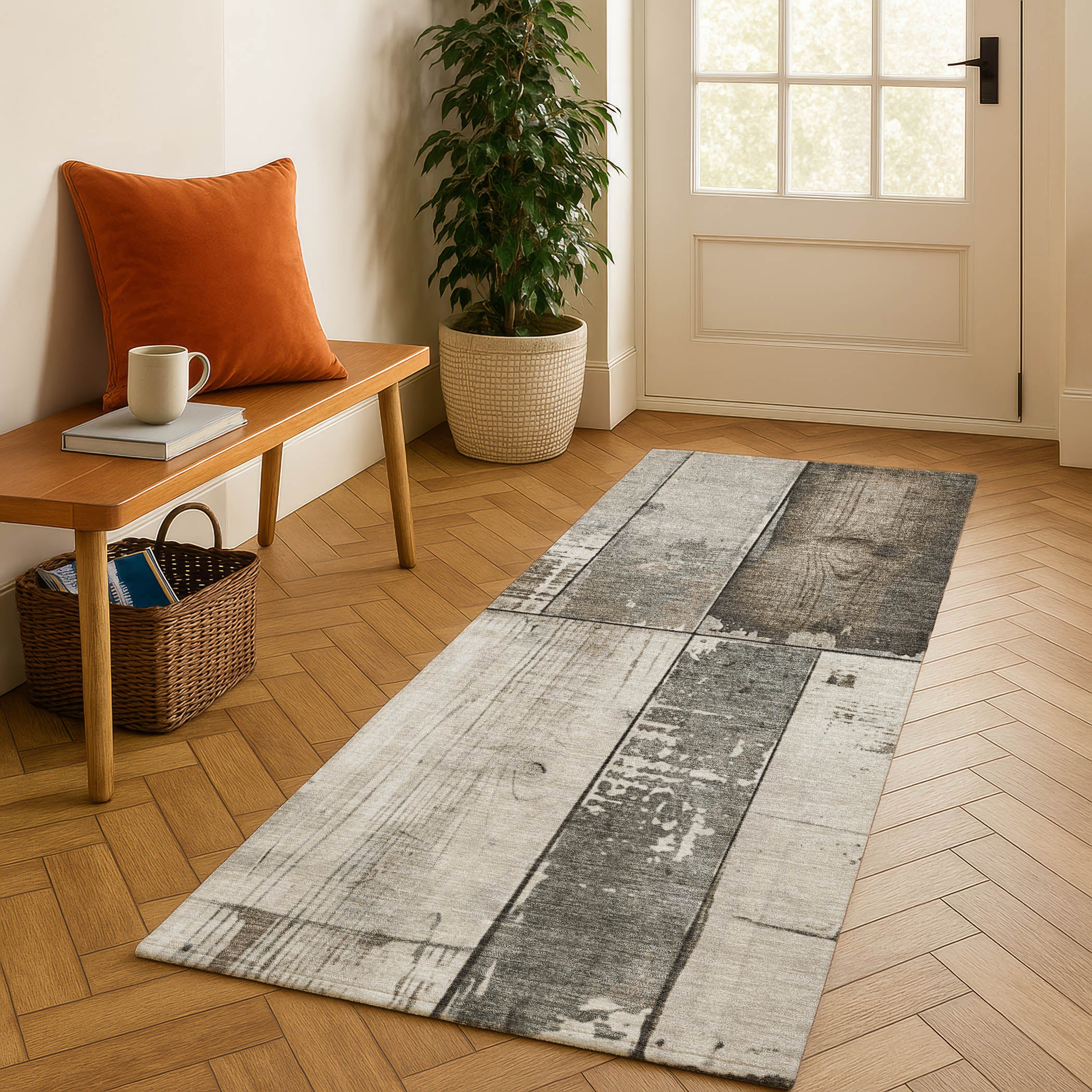 Santorini Machine Washable Transitional Taupe Brown Rug 2'3" x 7'6" #shape_Runner