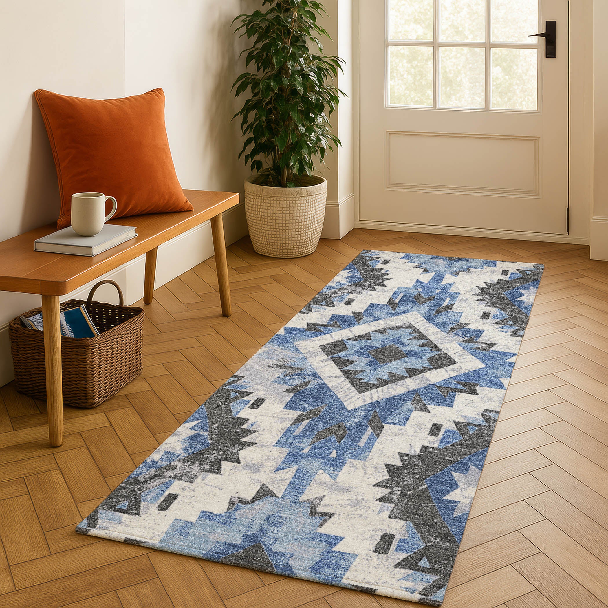 Reykjavik Machine Washable Transitional Blue Rug 2'3" x 7'6" #shape_Runner