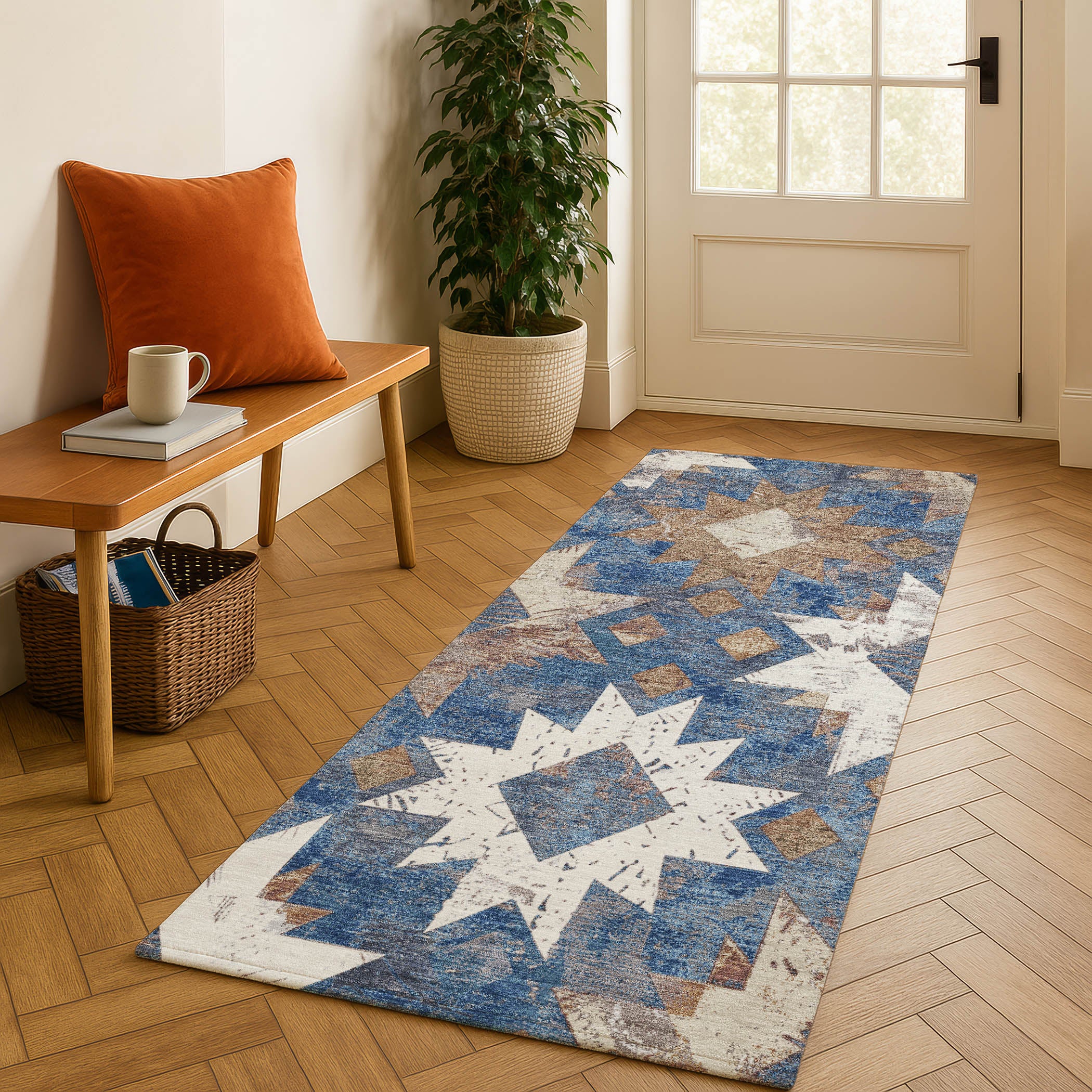 Valletta Machine Washable Transitional Blue Rug 2'3" x 7'6" #shape_Runner