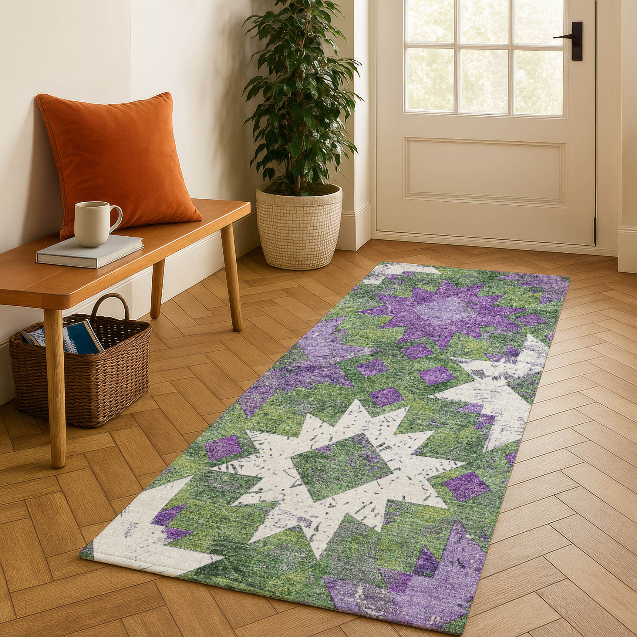 Valletta Machine Washable Transitional Green Rug 2'3" x 7'6" #shape_Runner
