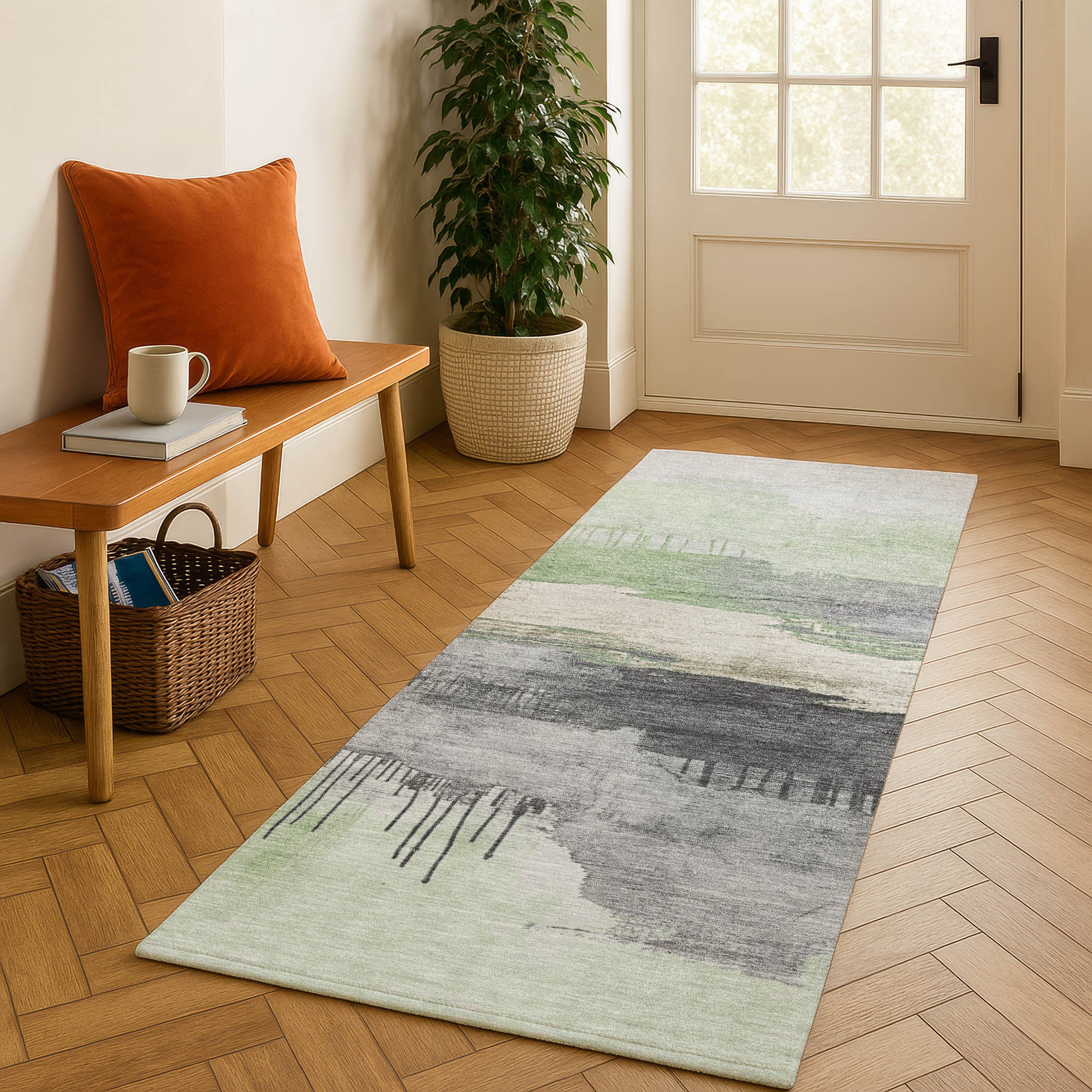 Salzburg Machine Washable Transitional Mint Green Rug 2'3" x 7'6" #shape_Runner