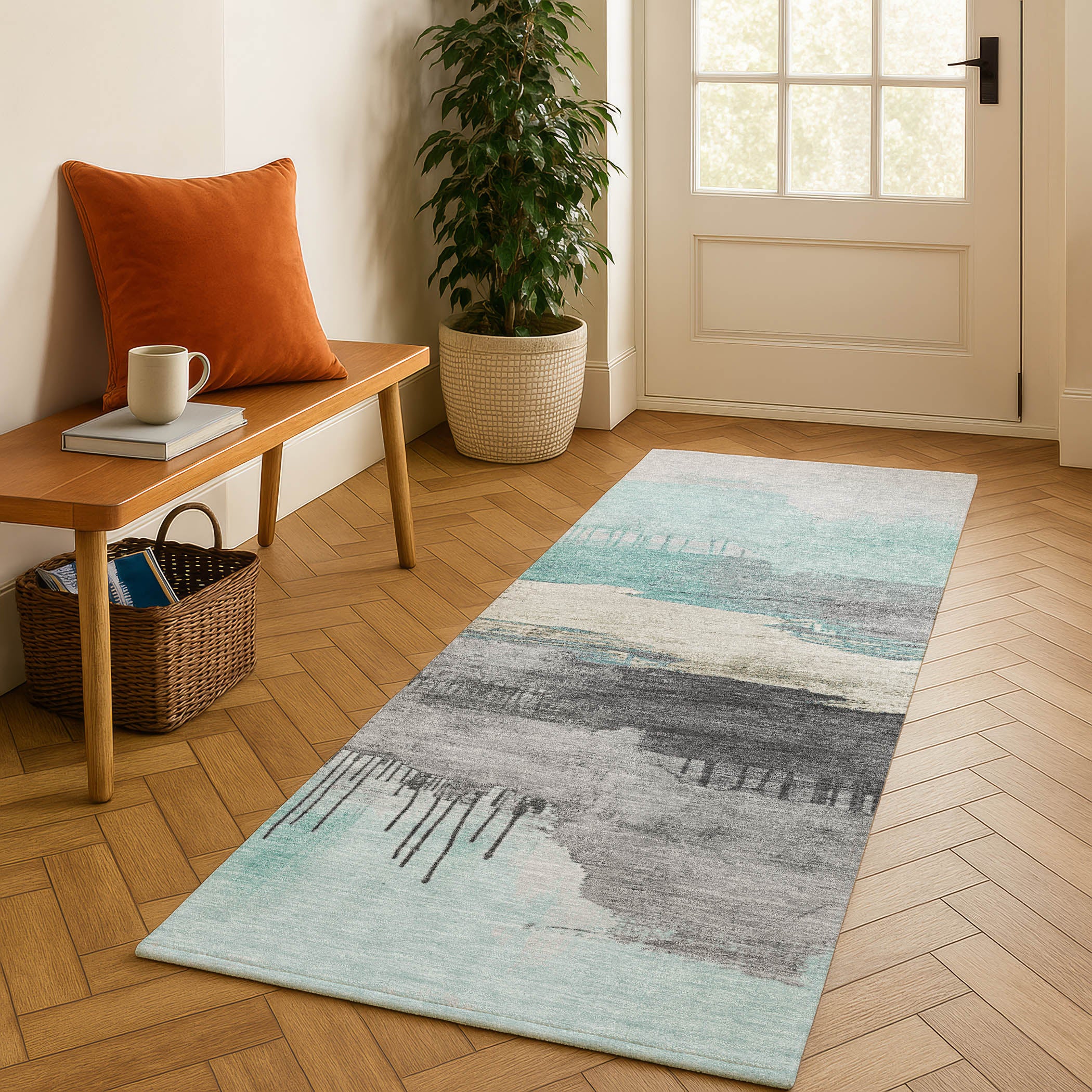 Salzburg Machine Washable Transitional Teal Rug 2'3" x 7'6" #shape_Runner