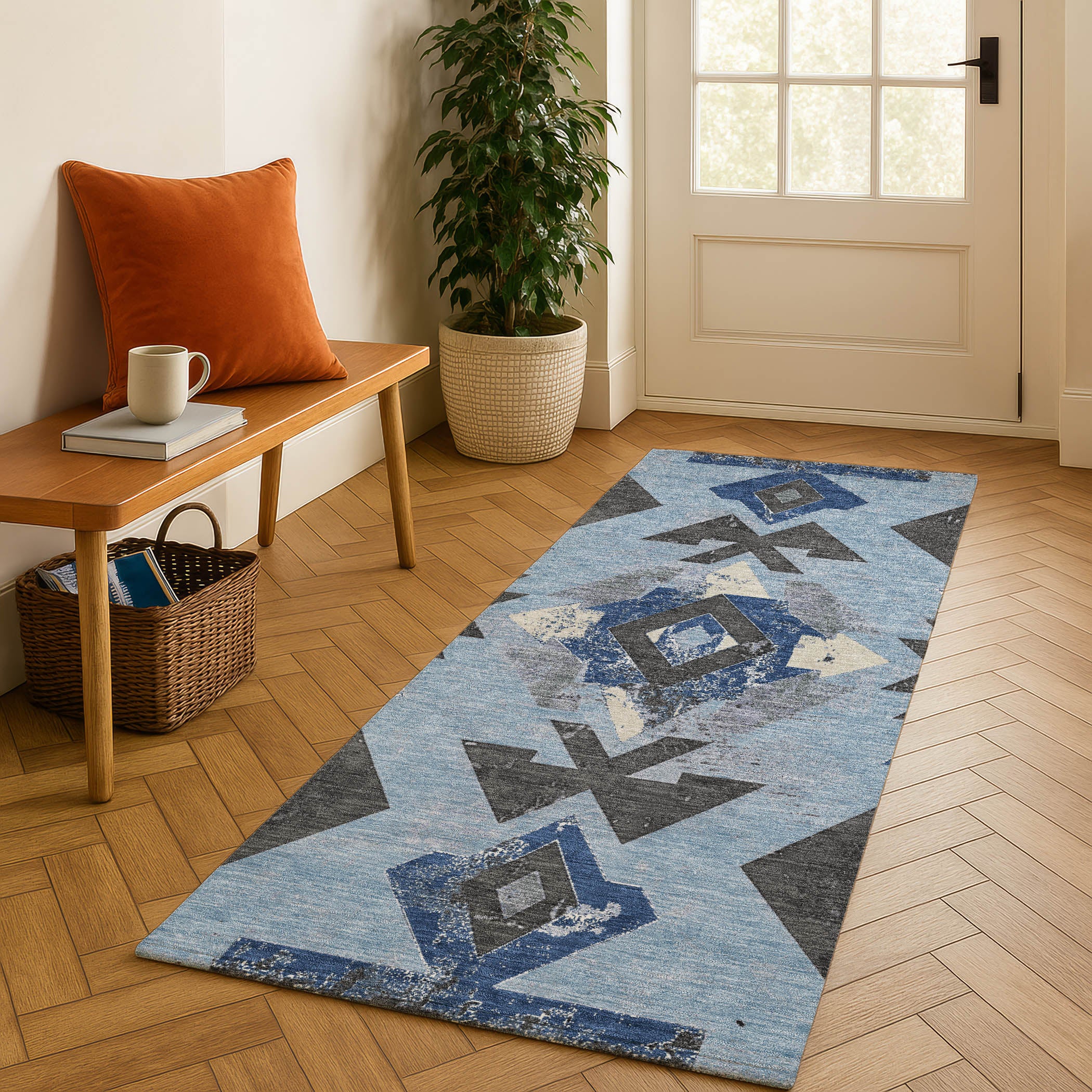 Mostar Machine Washable Transitional Blue Rug 2'3" x 7'6" #shape_Runner