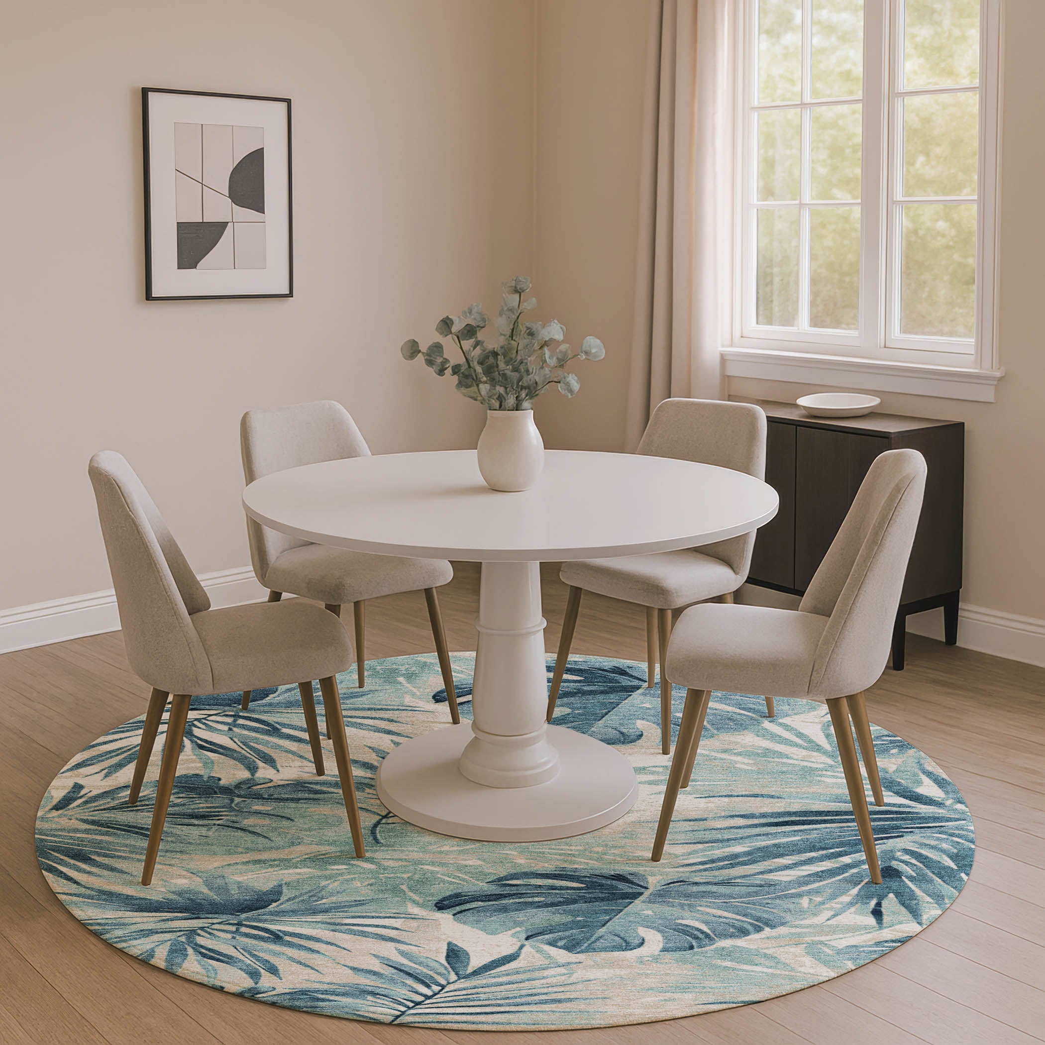 Florence Machine Washable Transitional Teal Rug 8' x 8' #shape_Round