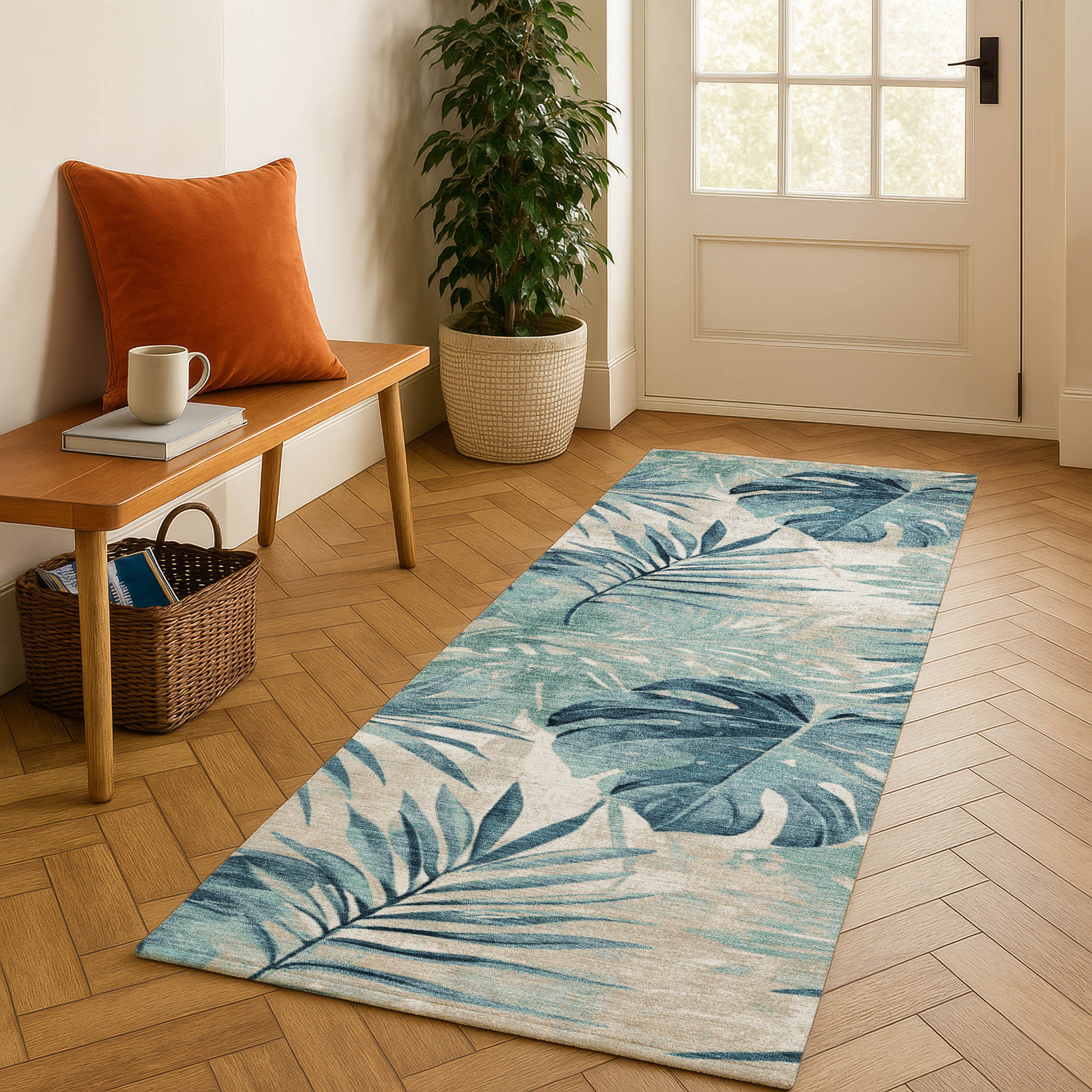 Florence Machine Washable Transitional Teal Rug 2'3" x 7'6" #shape_Runner