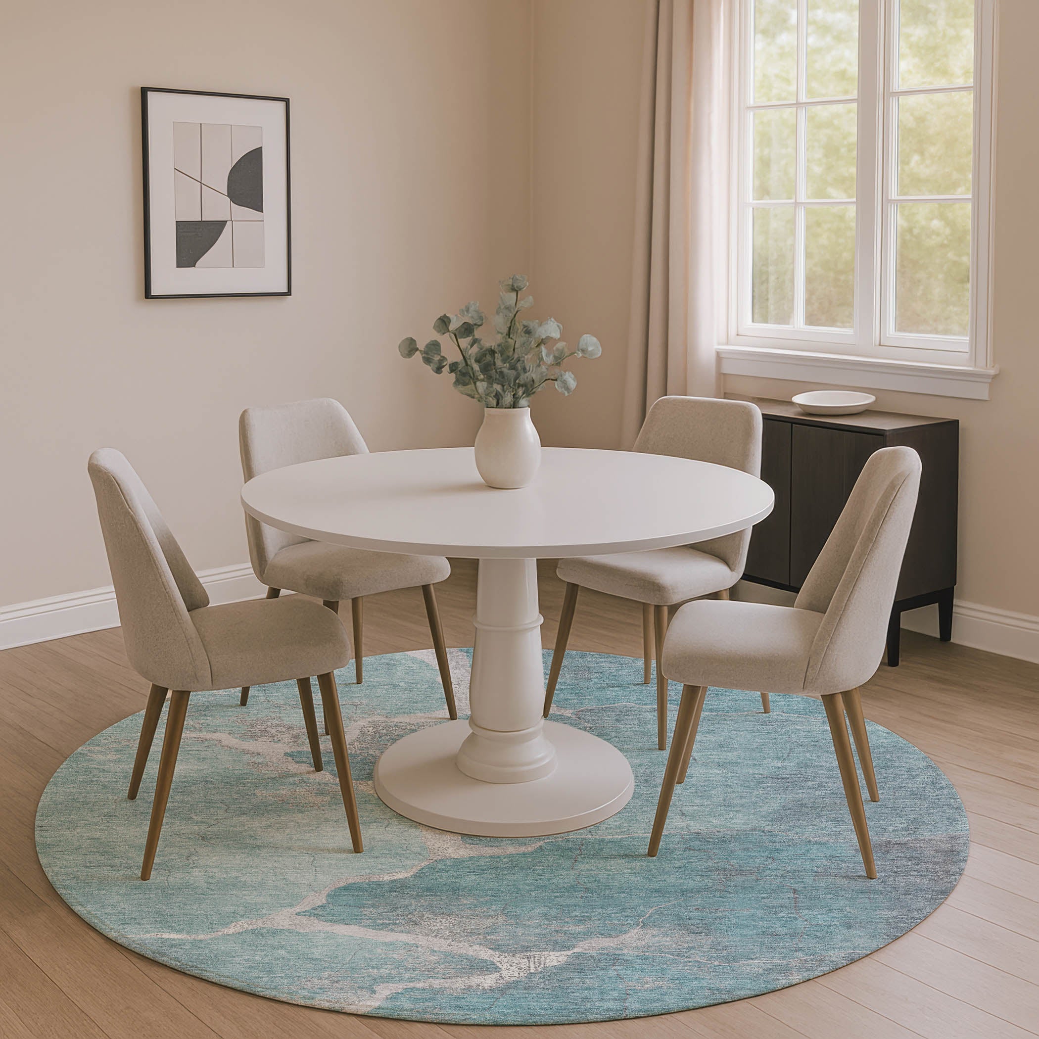 Hoi An Machine Washable Transitional Teal Rug 8' x 8' #shape_Round