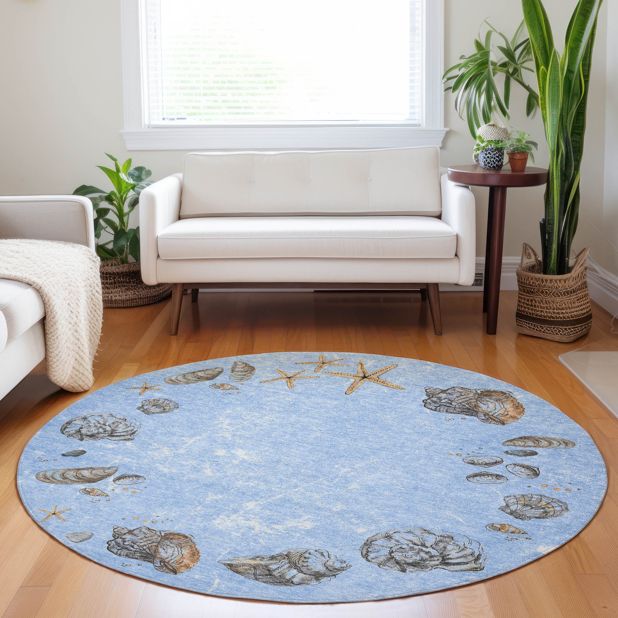 Florence Machine Washable Coastal Blue Rug 8' x 8' #shape_Round