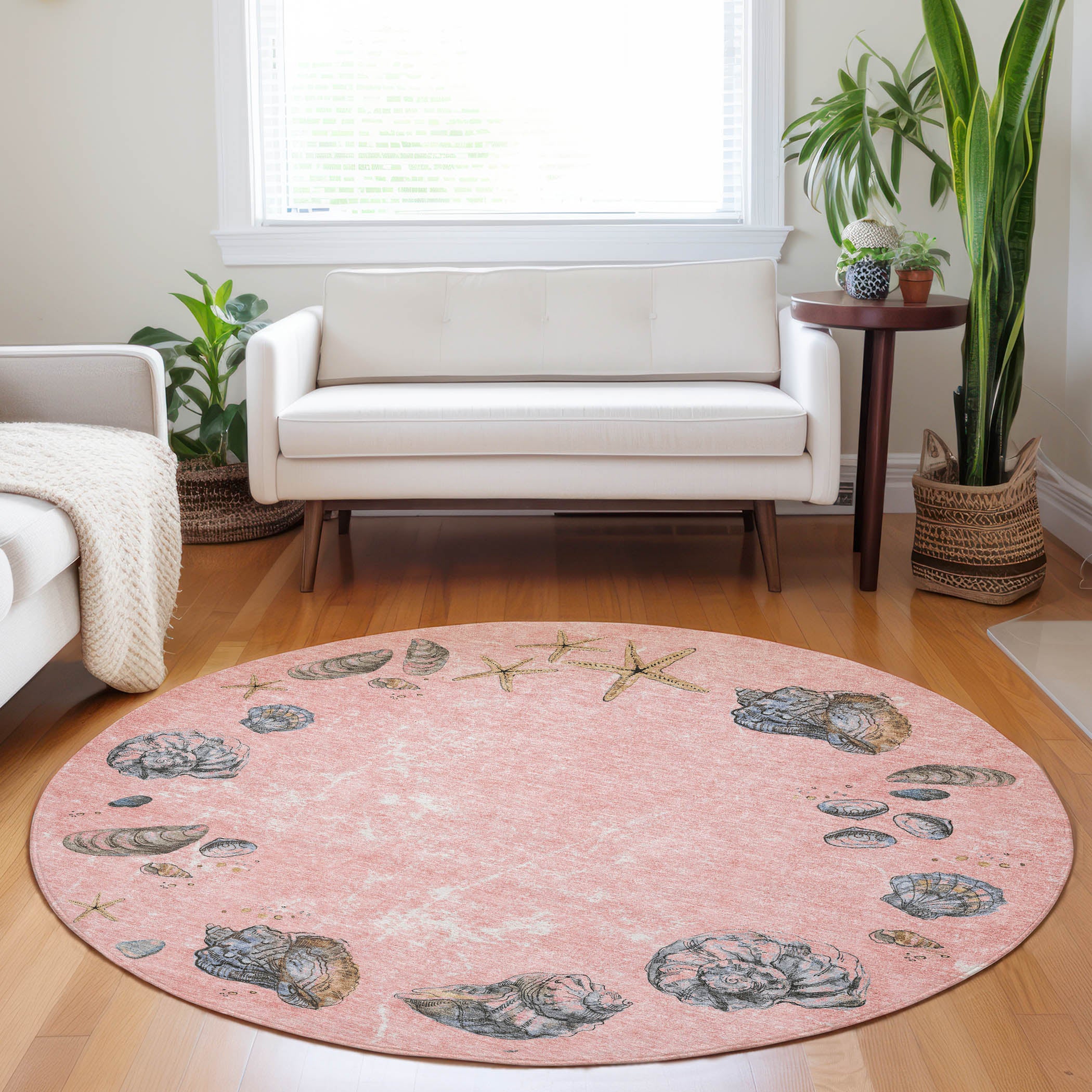 Florence Machine Washable Coastal Peach Pink Rug 8' x 8' #shape_Round